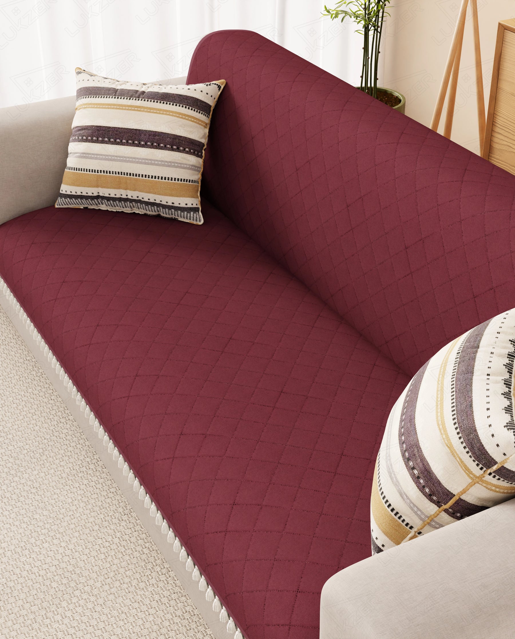 Lukzer 2 Seater Quilted Sofa Cover Mat with Tassels - Cranberry Red - SC-194-02T