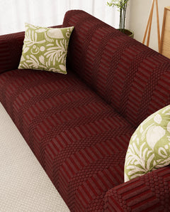 Lukzer Pastel Shades Textured Sofa Cover - Deep Maroon Dotted Stripe (SC-132-01)
