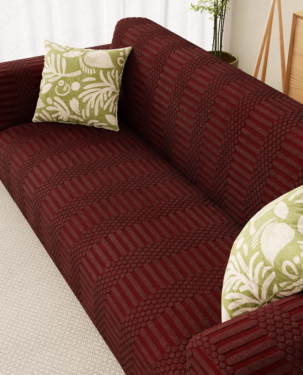 Lukzer Pastel Shades Textured Sofa Cover - Deep Maroon Dotted Stripe (SC-132-01)