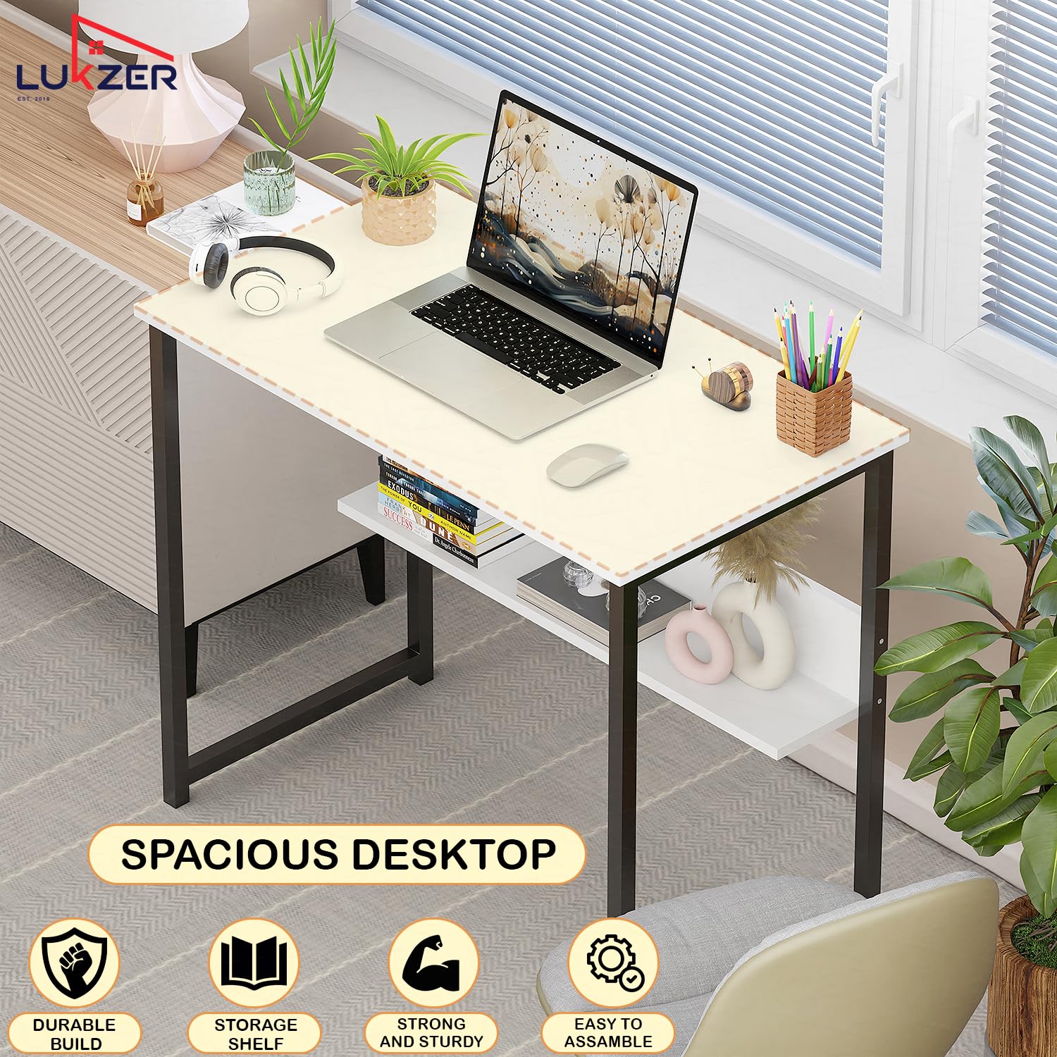 Lukzer Engineered Wood Office & Study Table with Open Bookshelf & Storage Organiser (MST-005/White)