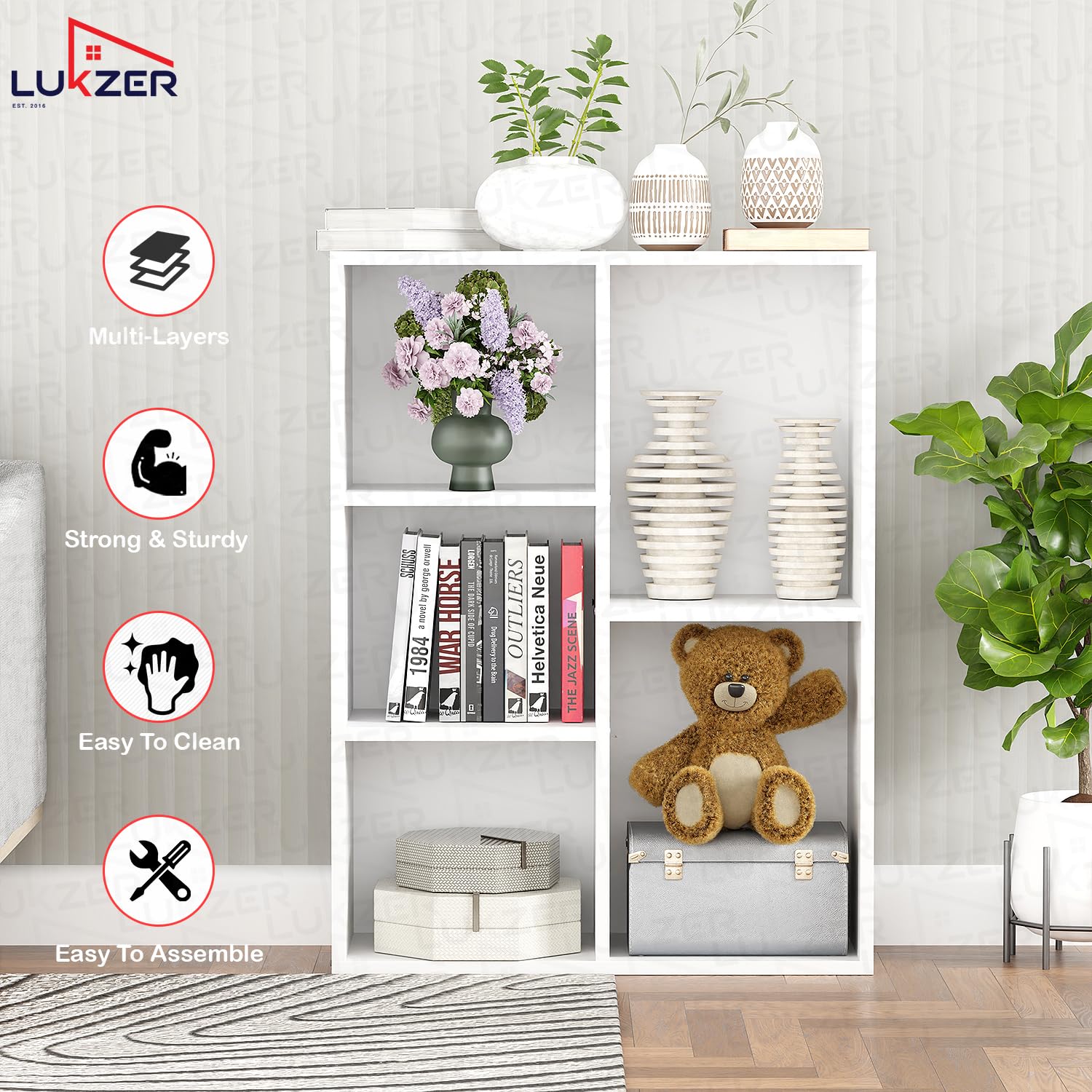 Lukzer Engineered Wood 5 Shelves Open Cabinet Bookshelf & Storage Organiser (MR-026/White)