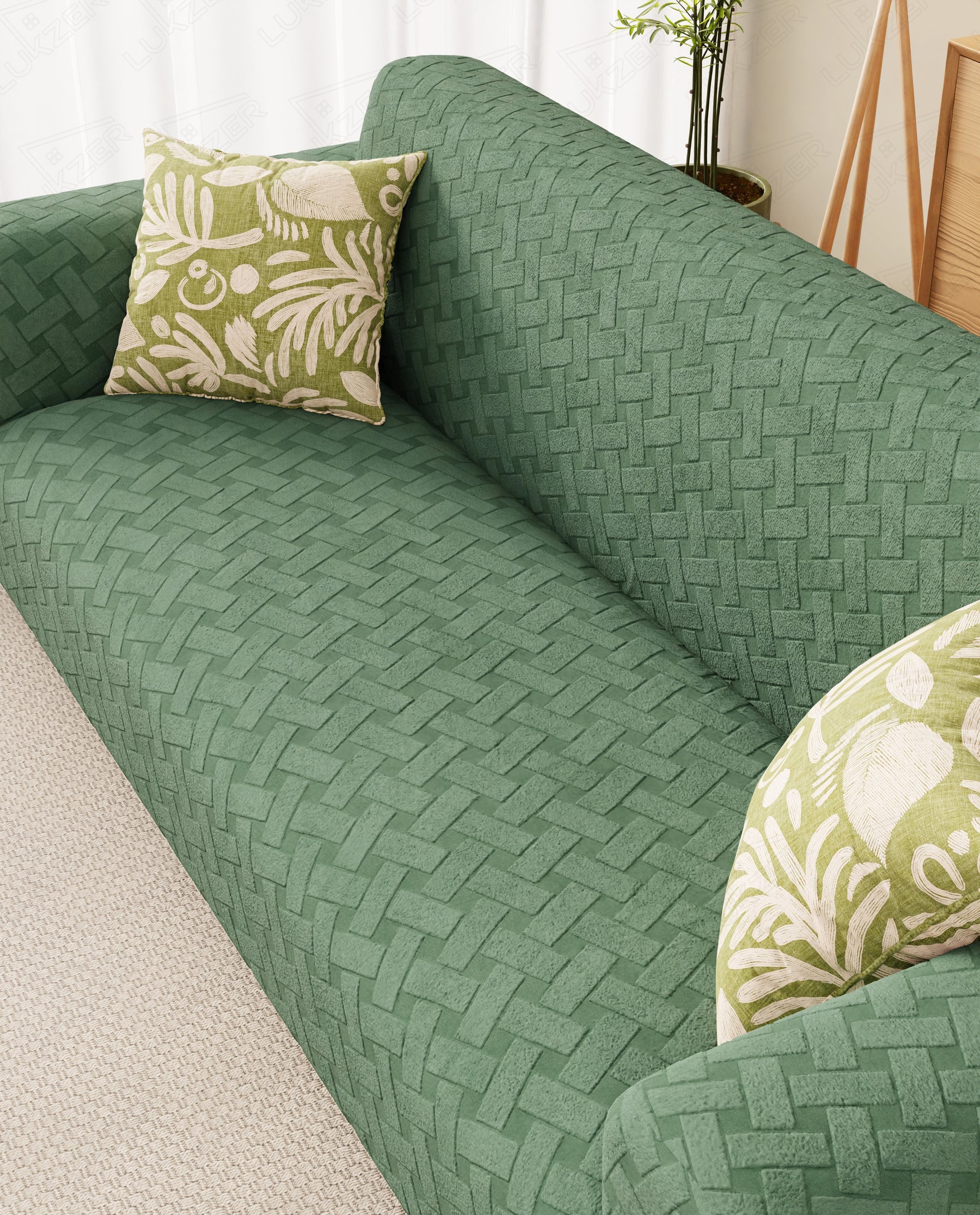 Lukzer Pastel Shades Textured Sofa Cover -  Green Basket Weave (SC-114-01)