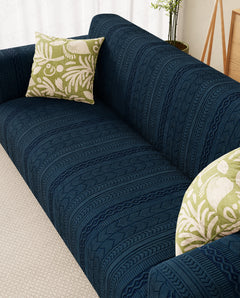 Lukzer Pastel Shades Textured Sofa Cover - Marine Blue Zigzag (SC-139-01)