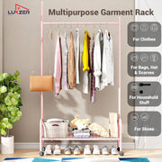 Lukzer Heavy-Duty Portable Metal Clothes Rack with Single Rod & Bottom Shelf (MGR-001/Pink)