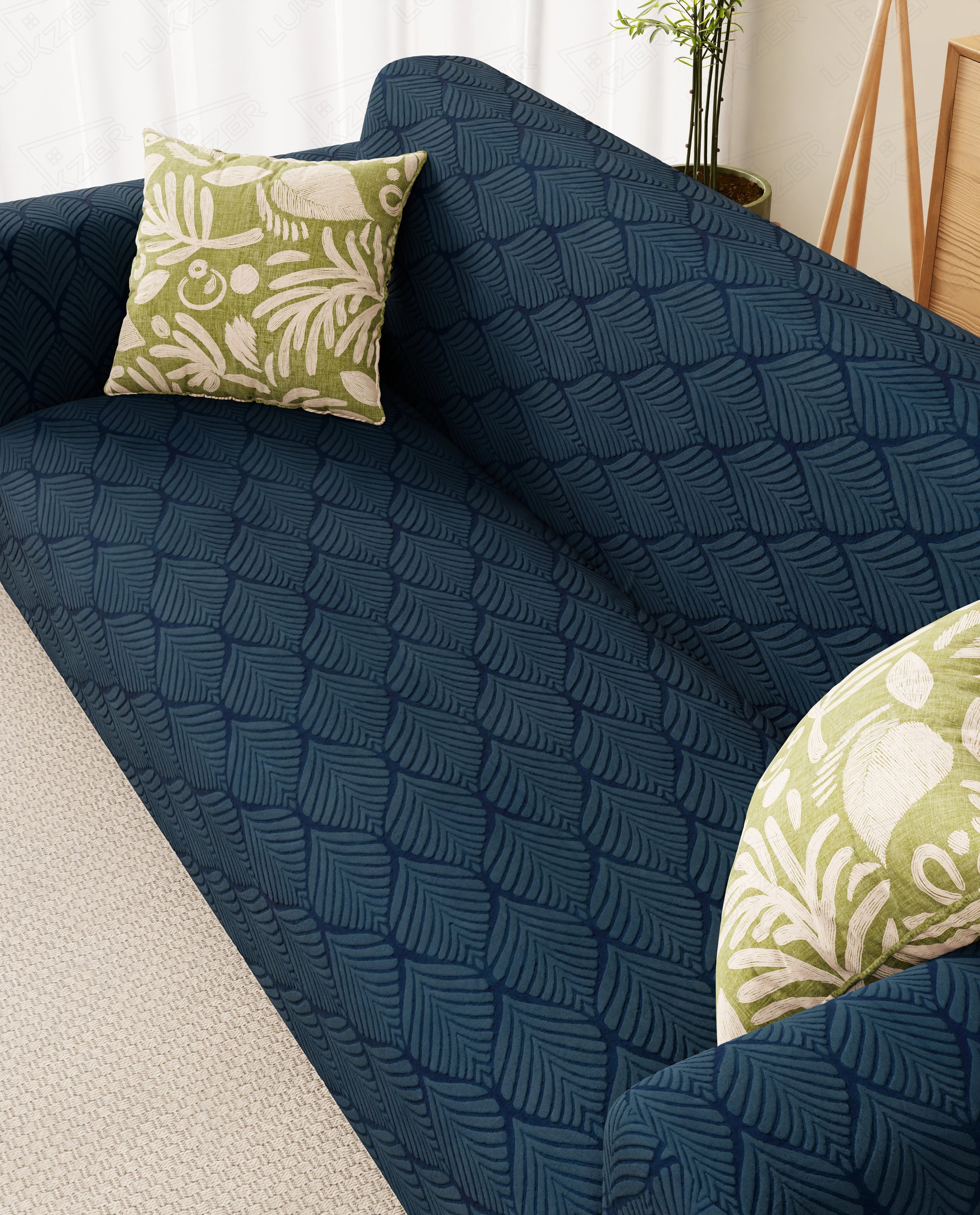 Lukzer Pastel Shades Textured Sofa Cover -  Marine Blue Leaf Trail (SC-131-01)