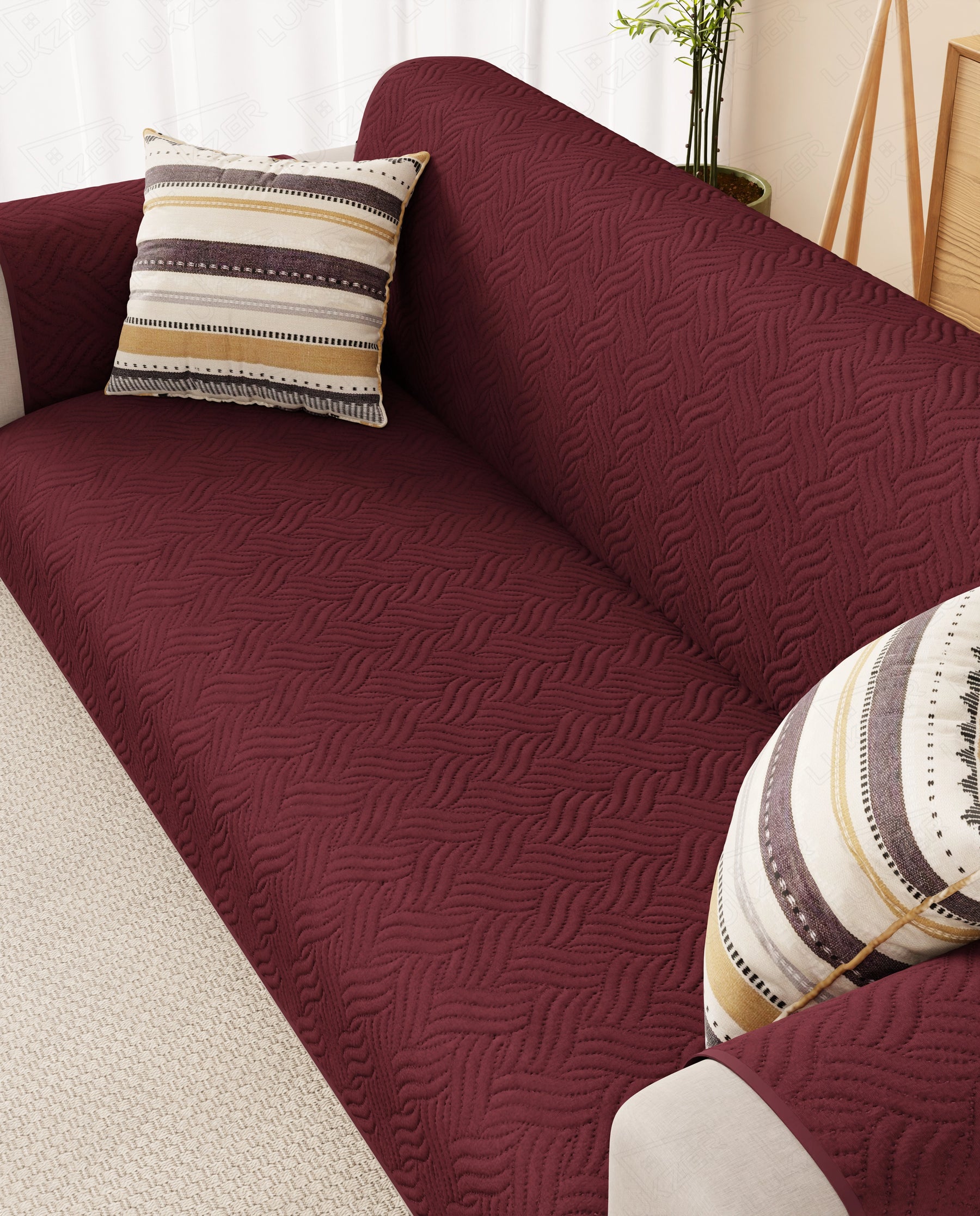 Lukzer Reversible Quilted Sofa Mat with Arms Aqua Weave Maroon (SC-218-01)
