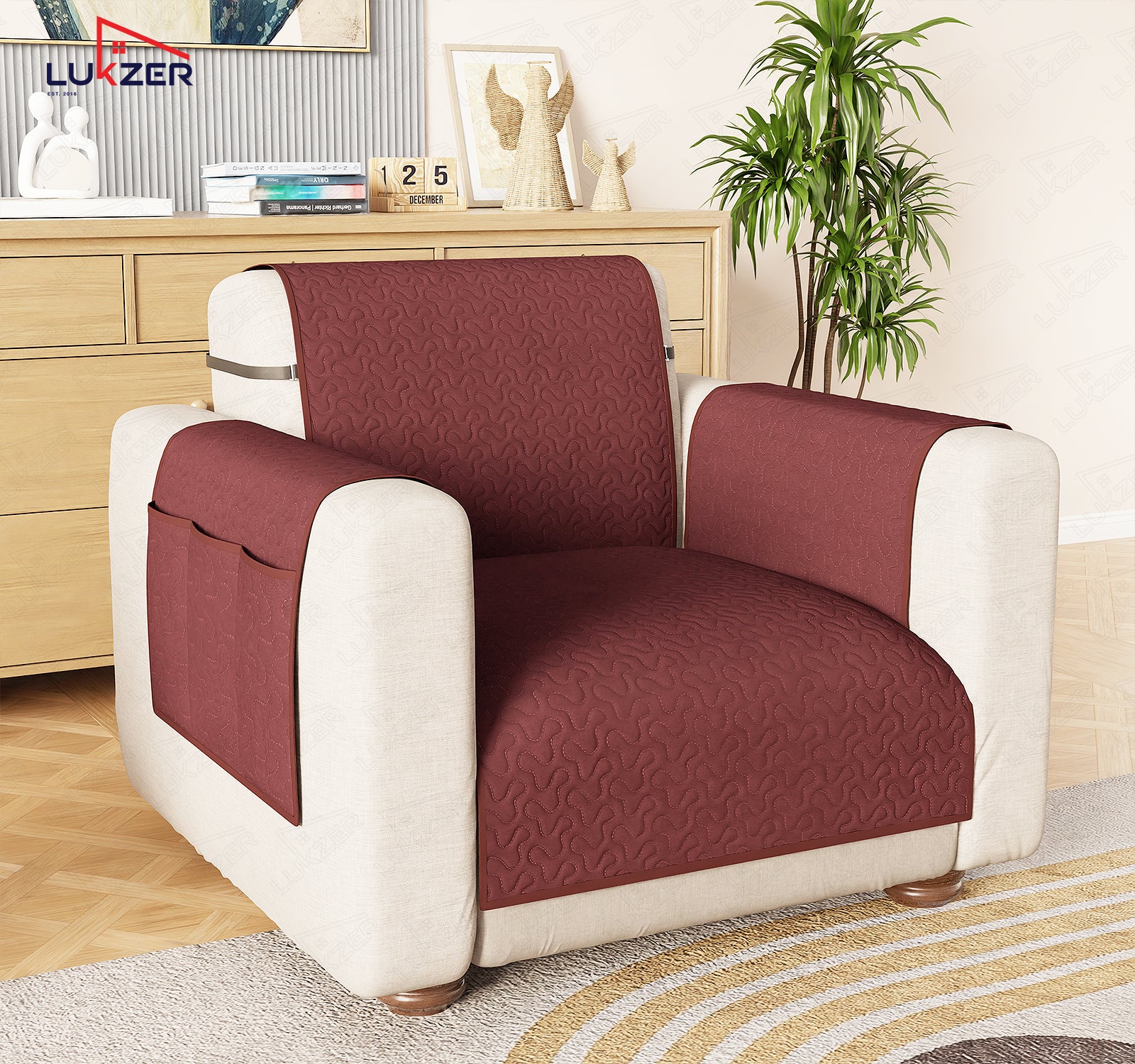 Lukzer Quilted Stipple Blue Sofa Cover Mat with Storage Side Pocket | 350 GSM Polyester Blend Full Coverage with Arms &amp; Back Belt | Machine Washable Sofa Runner.