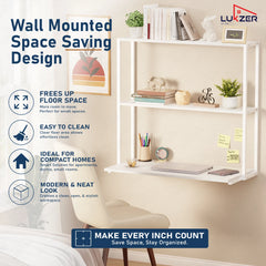 Lukzer Wall Mounted Study Table with Multipurpose Storage Shelves (MMR-007/White & White)