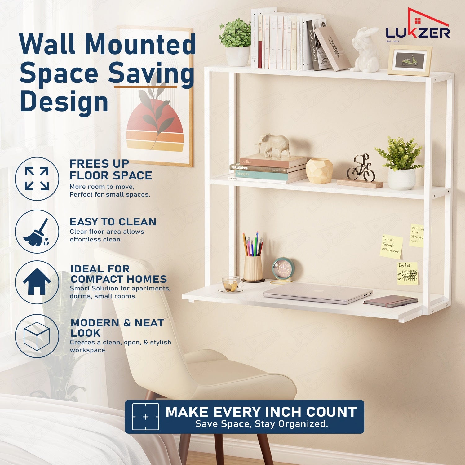 Lukzer Wall Mounted Study Table with Multipurpose Storage Shelves (MMR-007/White & White)