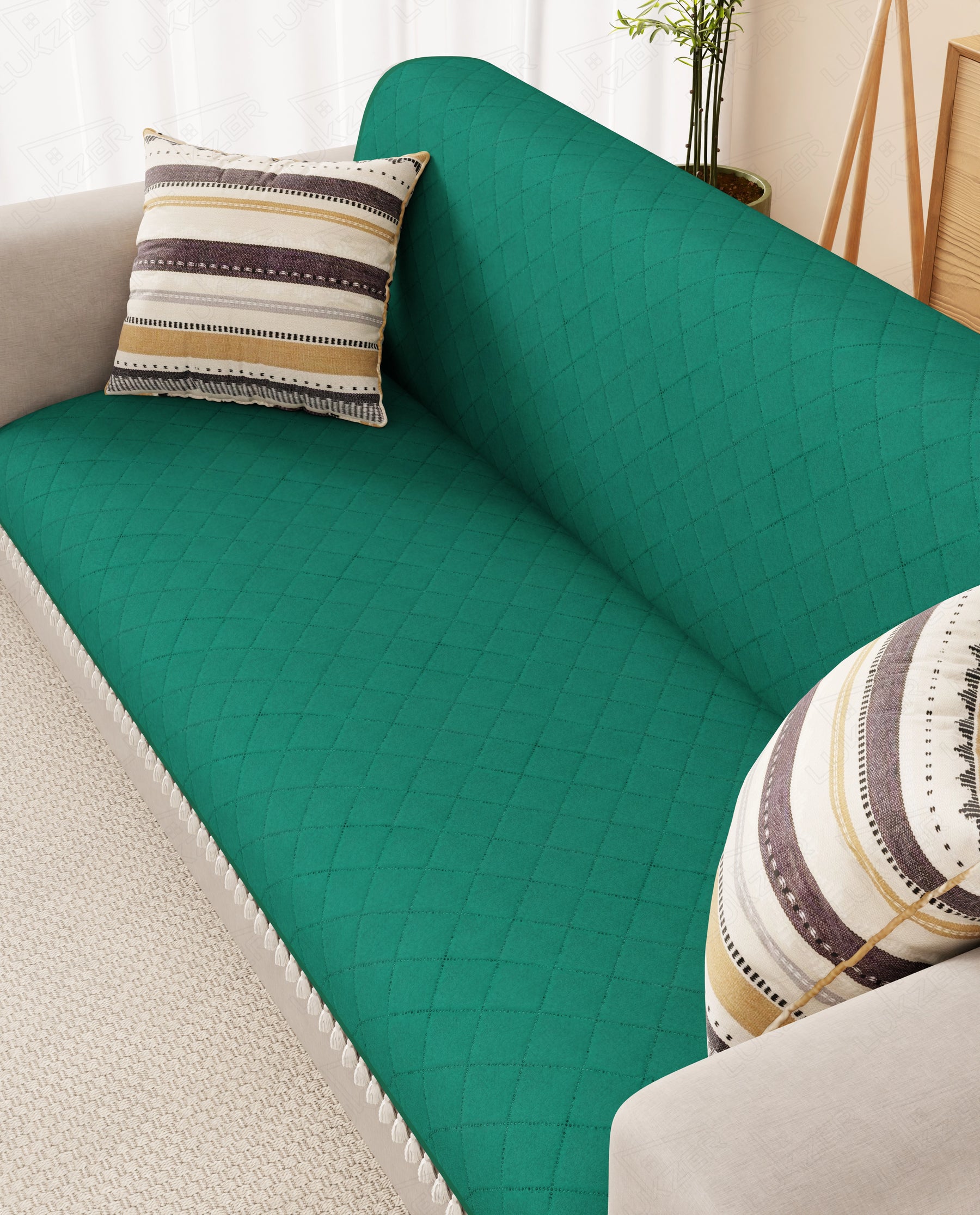 Lukzer 2 Seater Quilted Sofa Cover Mat with Tassels - Forest Green - SC-200-02T