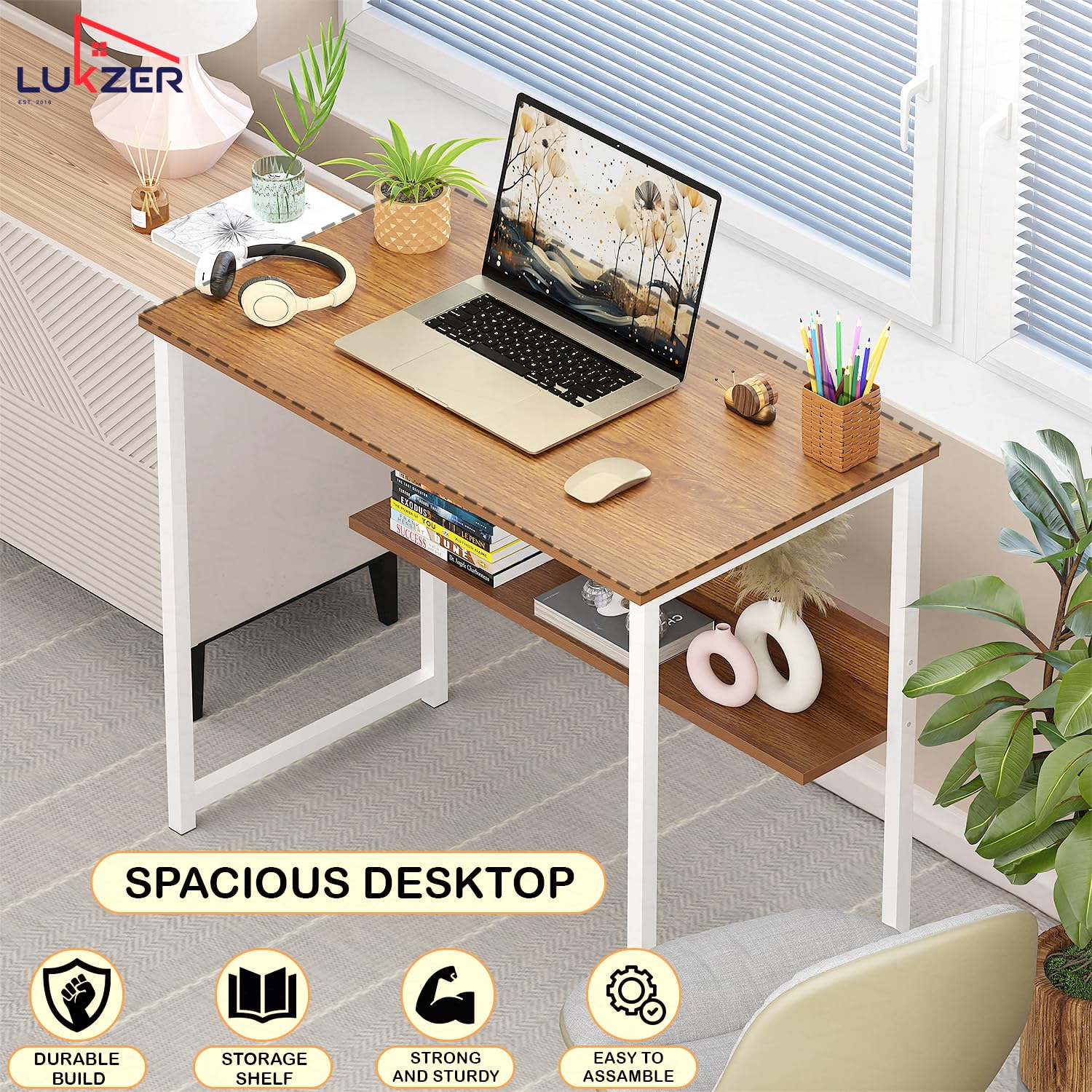 Lukzer Engineered Wood Office & Study Table with Open Bookshelf & Organiser (MST-004/White & Oak Brown)