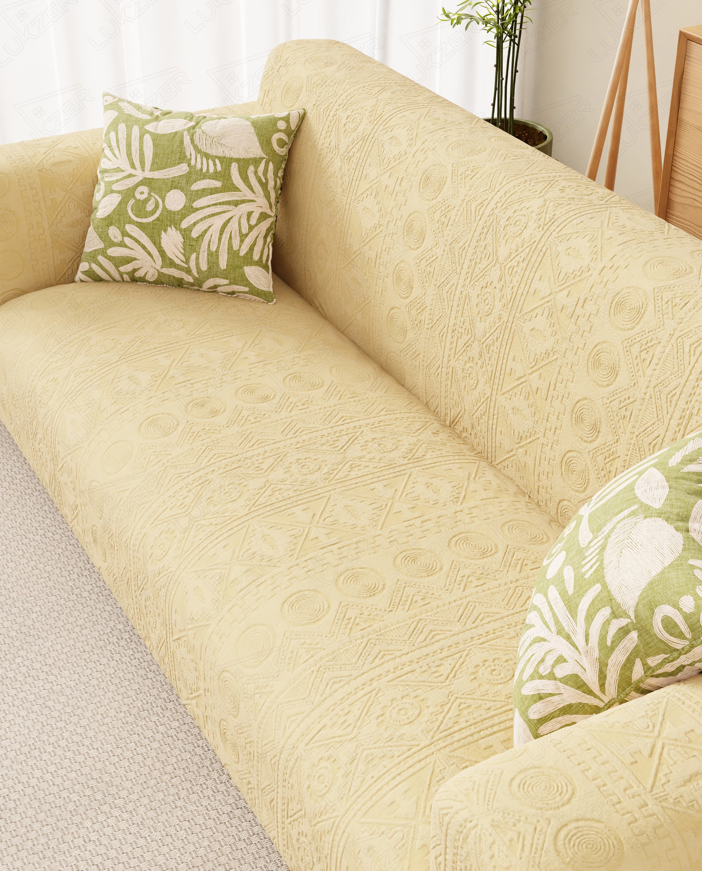 Lukzer Pastel Shades Textured Sofa Cover - Yellow Tribal Design (SC-075-01)