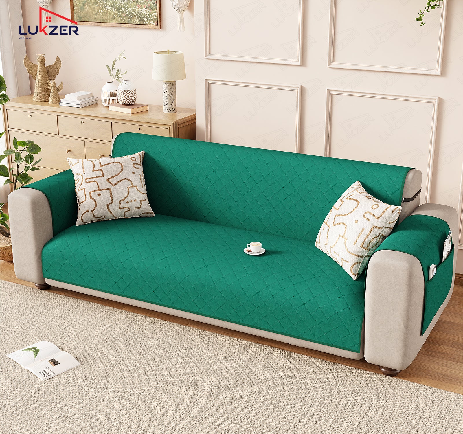 Lukzer Polyester Blend Quilted Sofa Cover Mat (350 GSM)| Full Coverage with Arms &amp; Back Belt | Machine Washable Sofa Runner with Storage Side Pocket