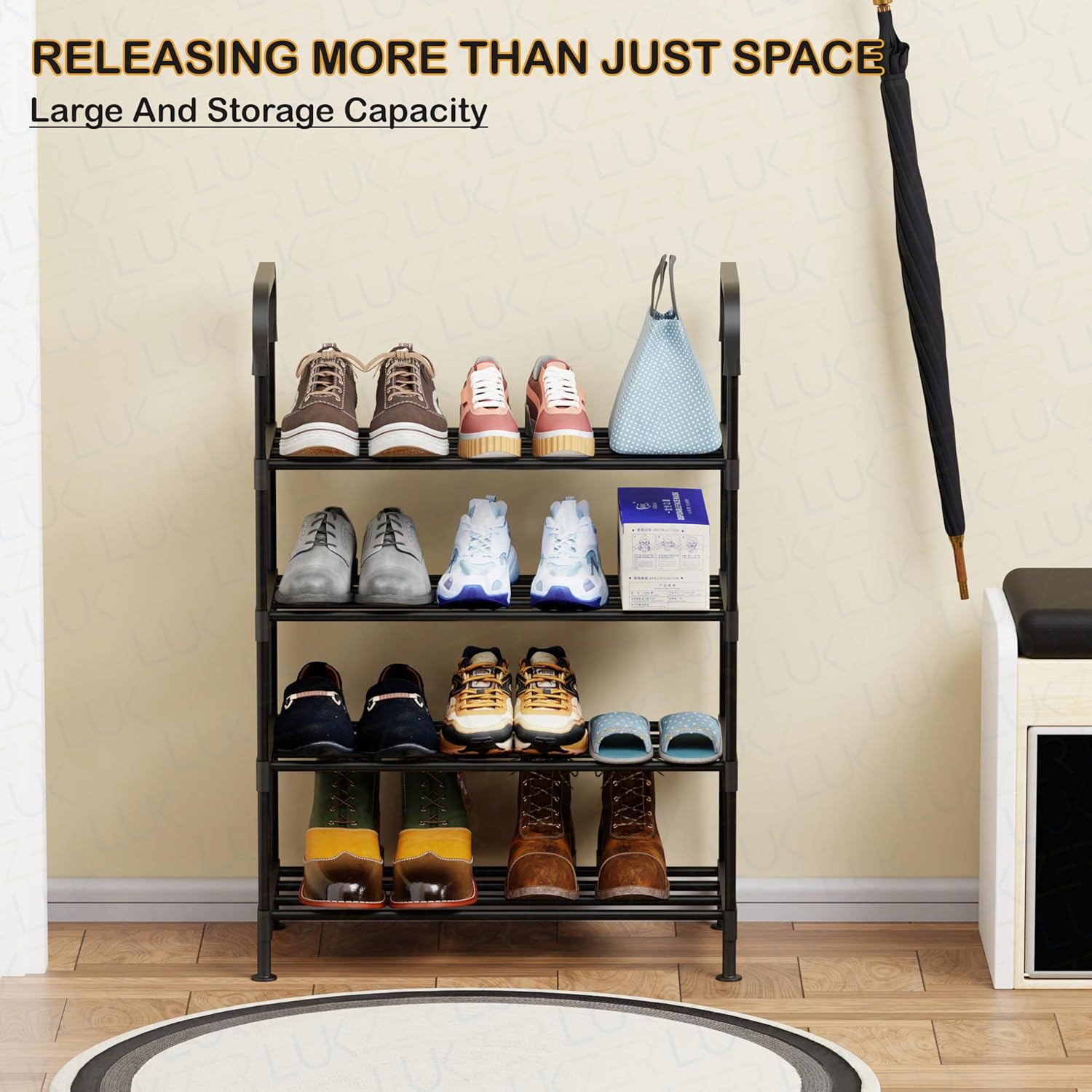 Lukzer Dual-Material Shoe Rack – Black, 3/4/5/6-Layer Storage Organizer