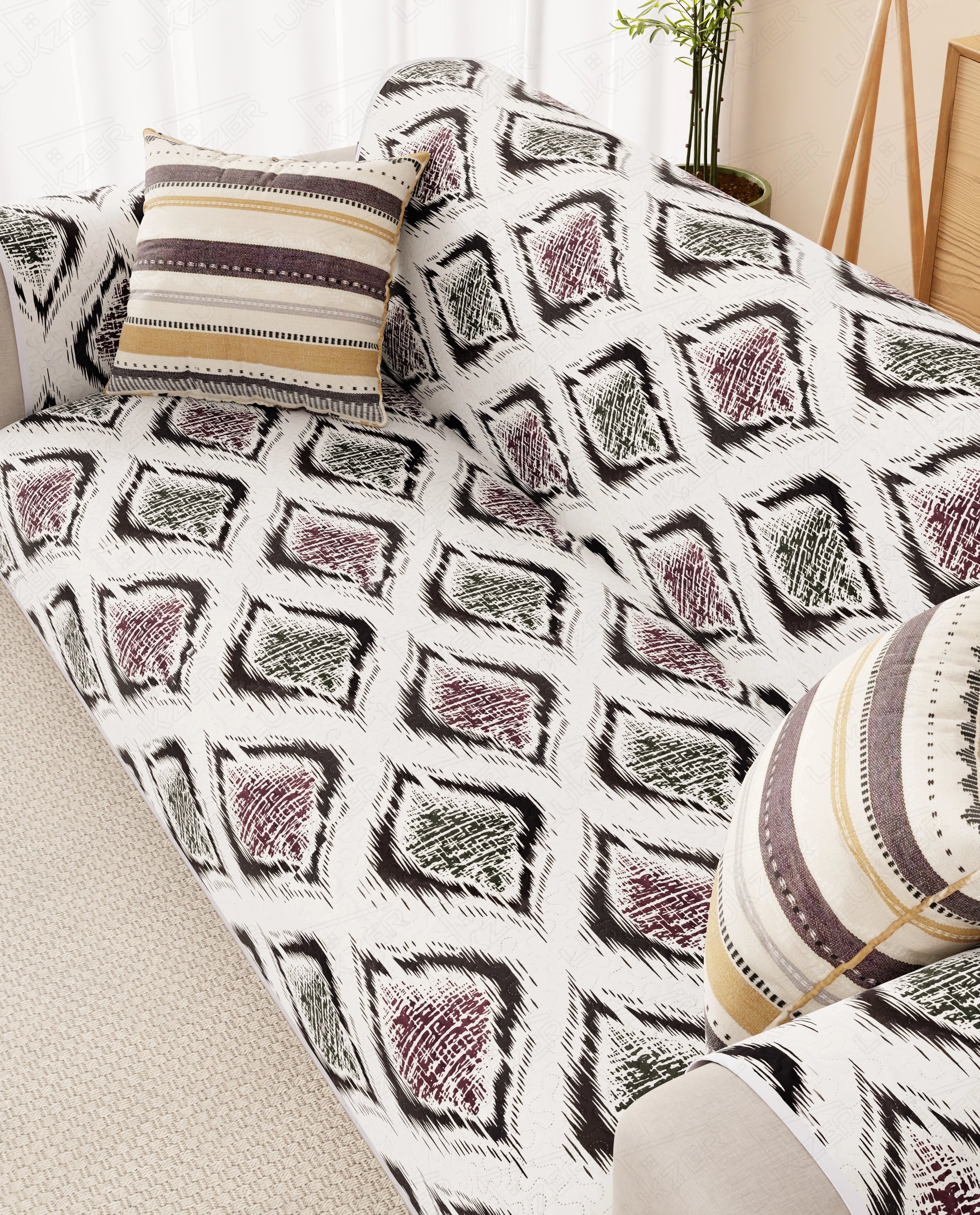 Lukzer Reversible Quilted Sofa Mat with Arms Ikat Rose (SC-203-01)