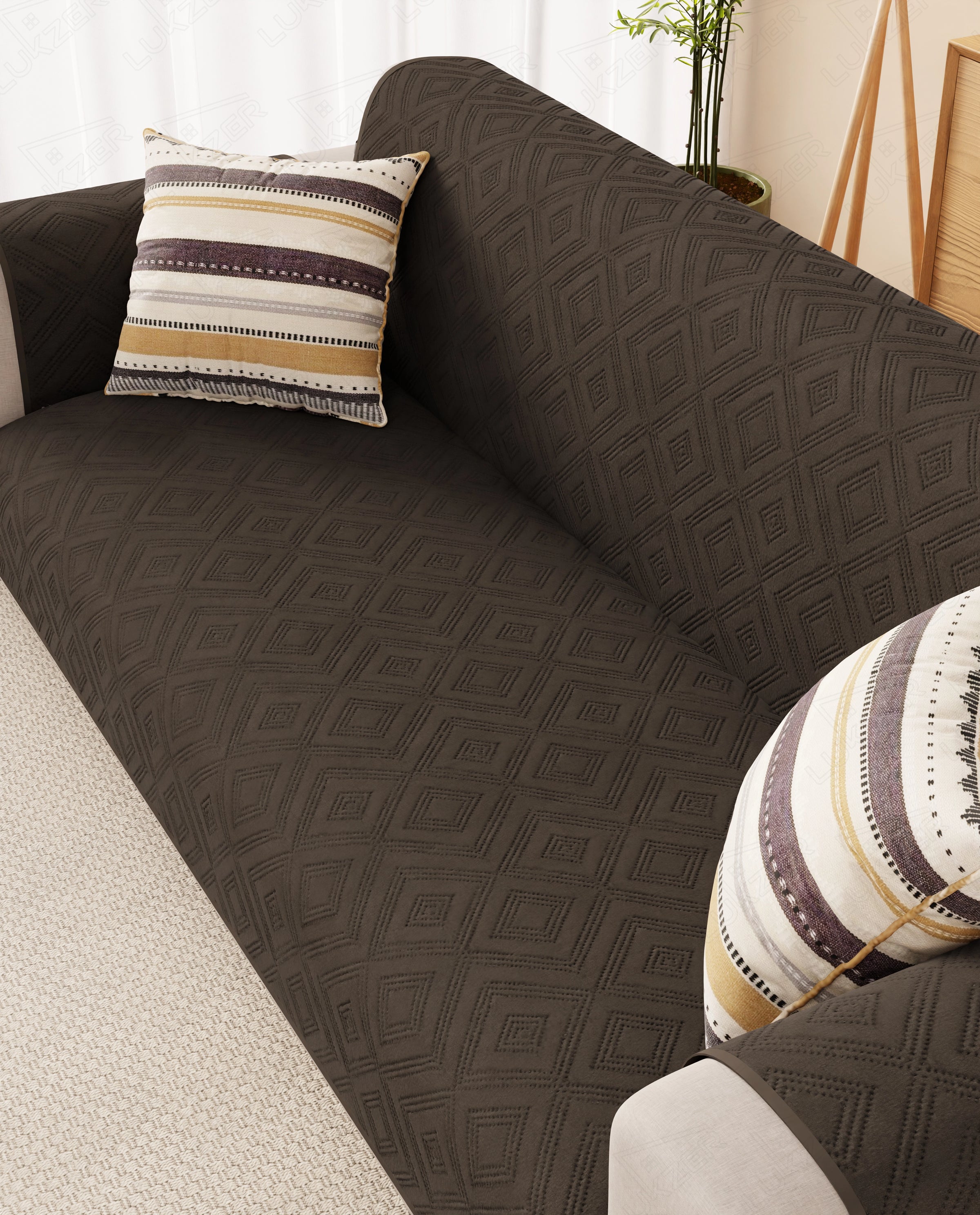 Lukzer Reversible Quilted Sofa Mat with Arms Dot Frame Dark Brown (SC-212-01)