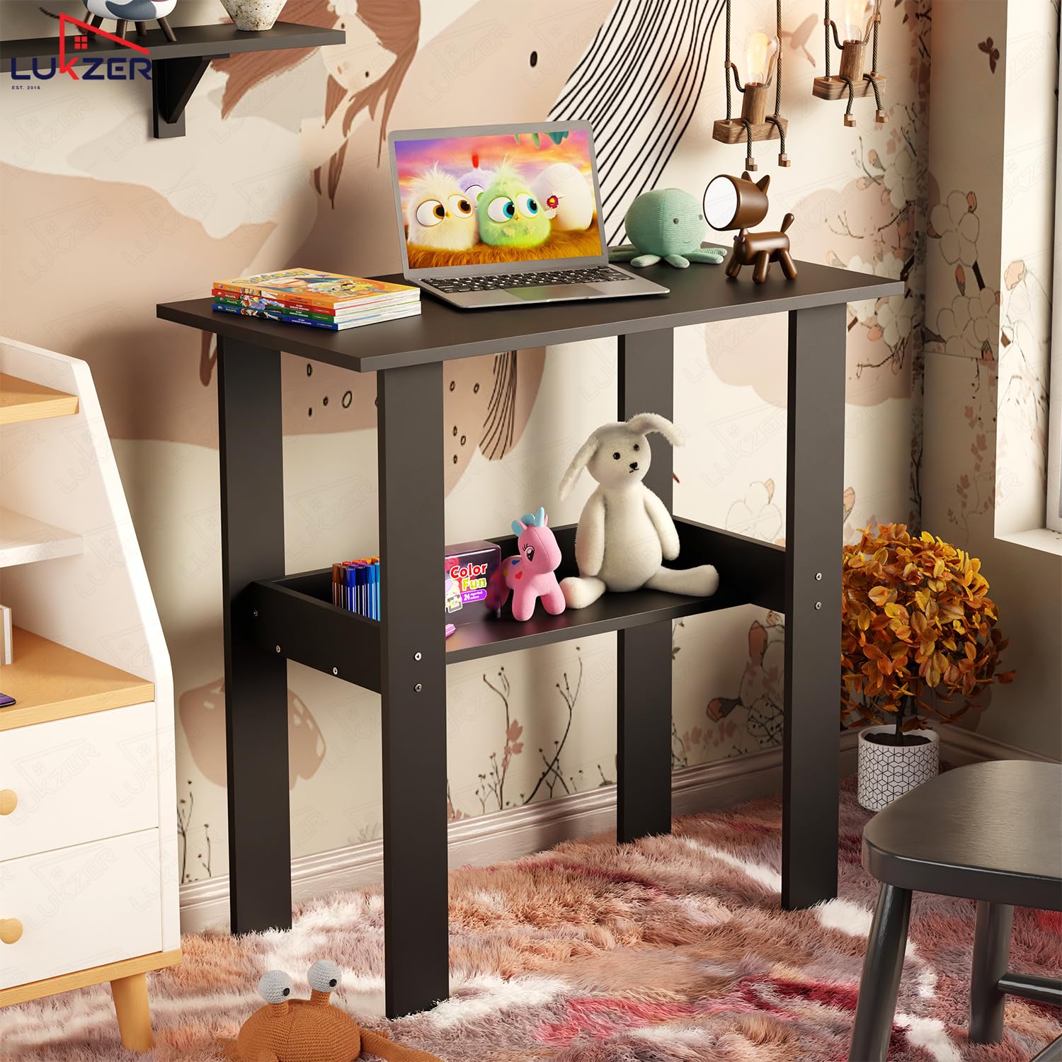 Lukzer Engineered Wood Kids Study Table with Open Shelf (ST-004S/Black)