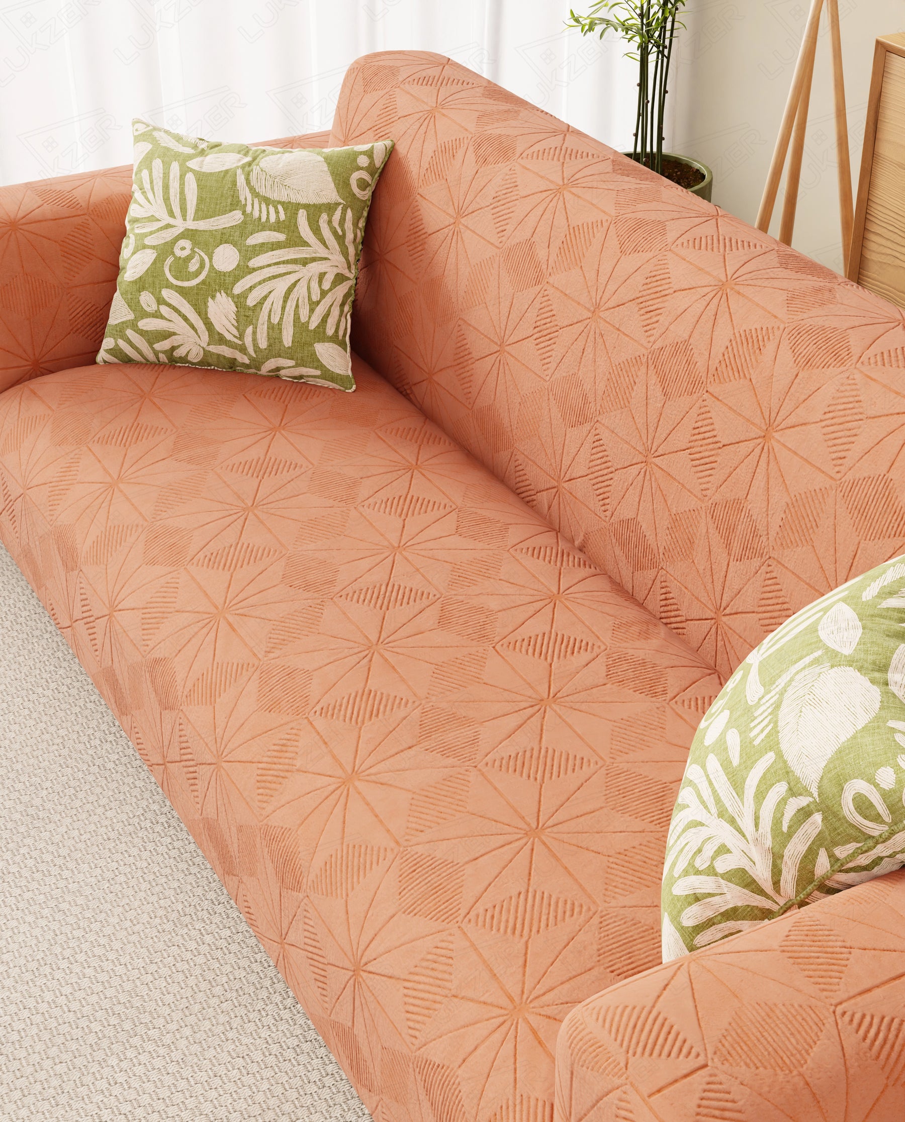 Lukzer Pastel Shades Textured Sofa Cover - Orange Starlight Grid (SC-142-01)