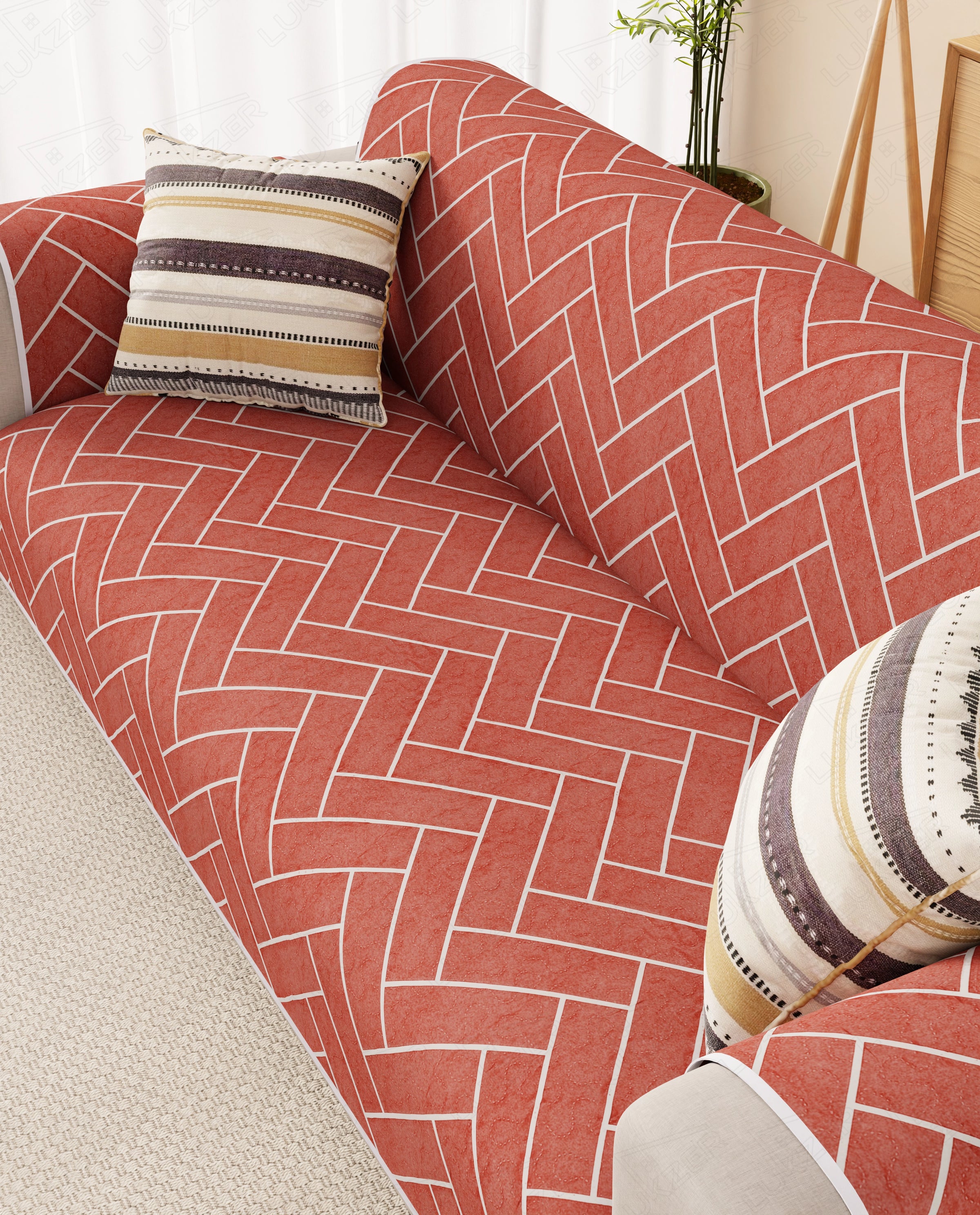 Lukzer Reversible Quilted Sofa Mat with Arms Brick Bloom (SC-201-01)
