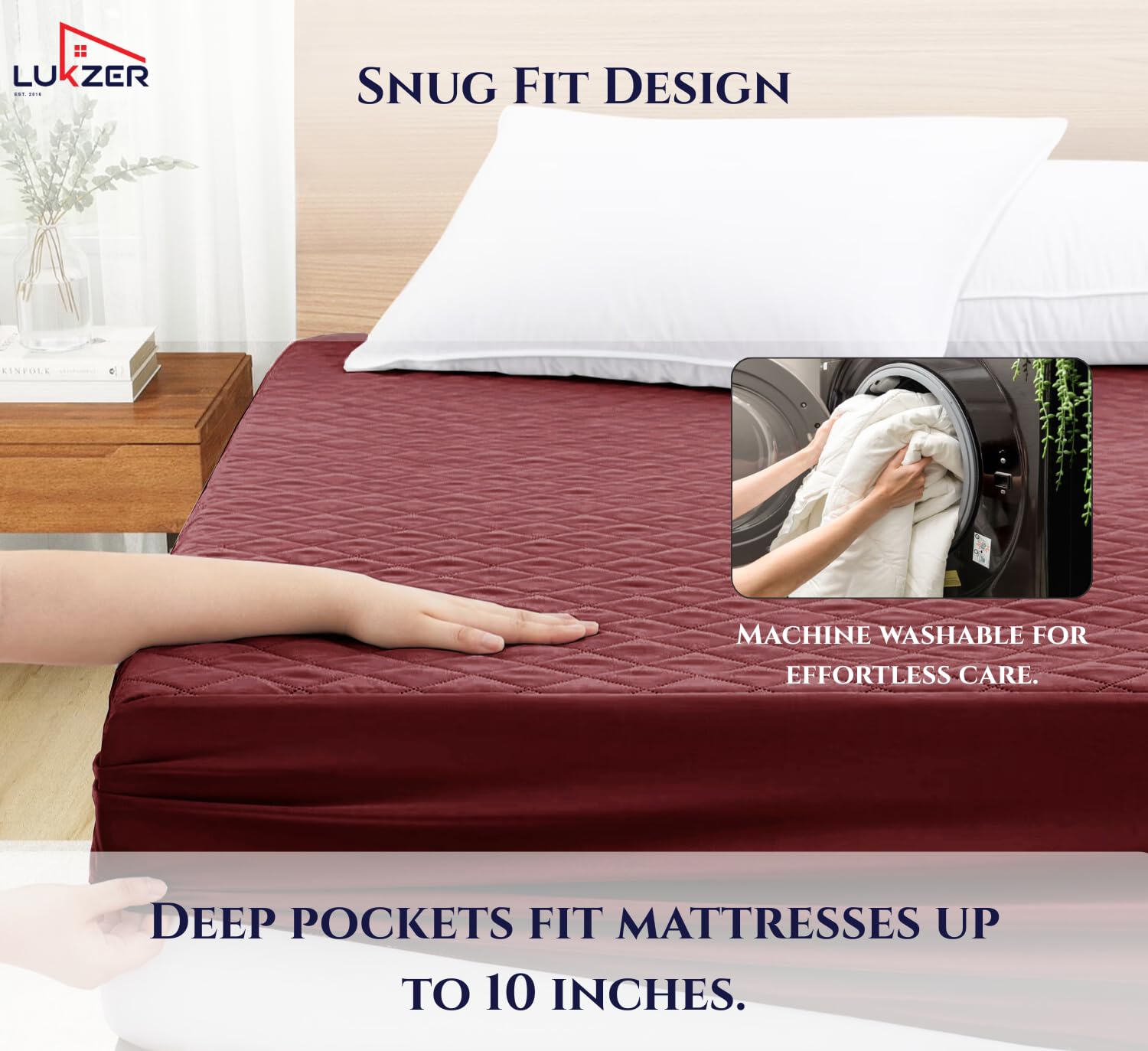 Lukzer Quilted Cotton Waterproof Mattress Protector  Maroon (MTP-QMAR-001)