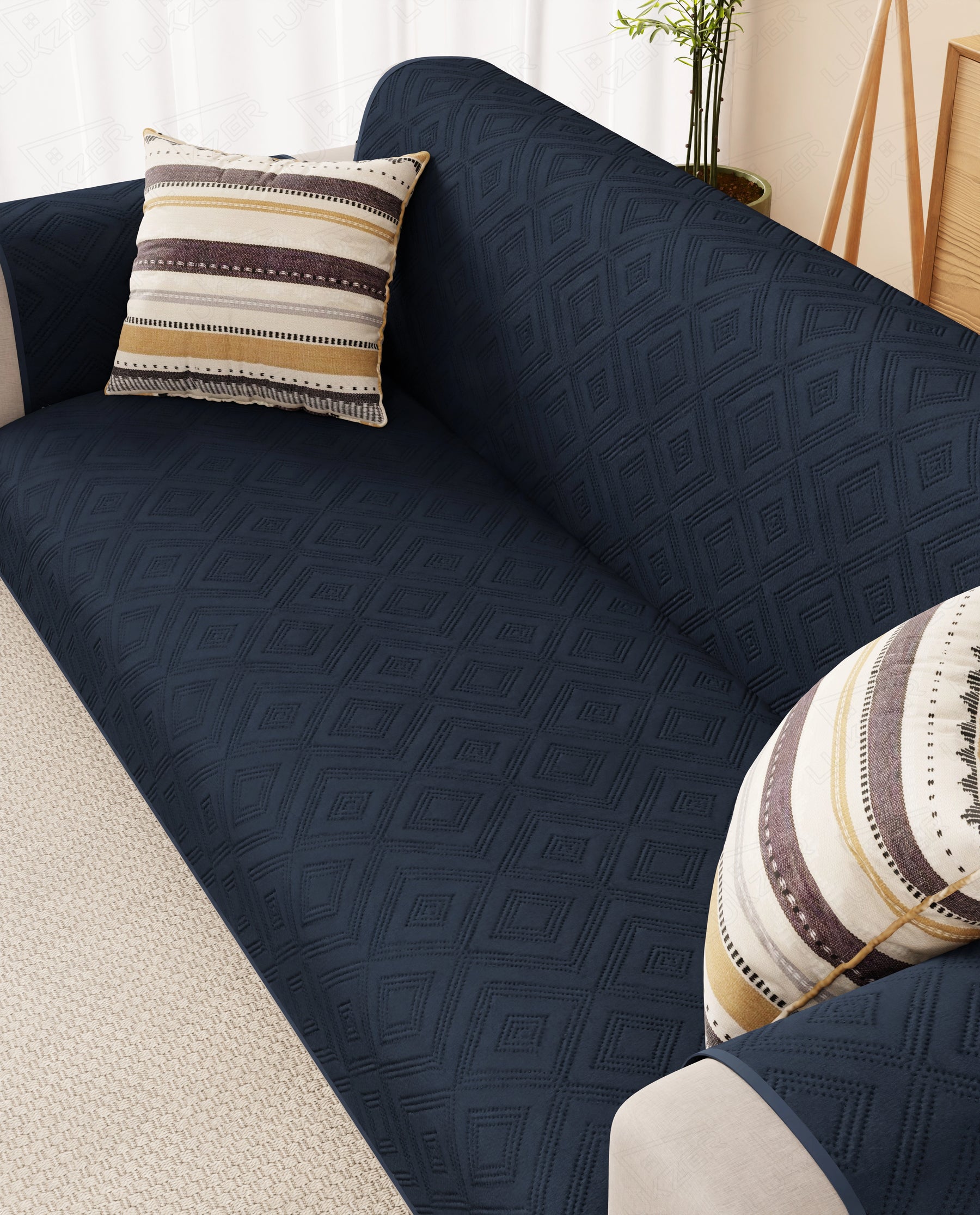 Lukzer Reversible Quilted Sofa Mat with Arms Dot Frame Blue (SC-211-01)