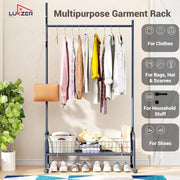 Lukzer Heavy-Duty Portable Metal Clothes Rack with Single Rod & Bottom Shelf (MGR-001/Deep Sea)