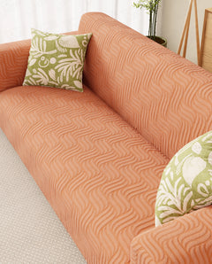 Lukzer Pastel Shades Textured Sofa Cover -  Orange Ripple Lines (SC-162-01)