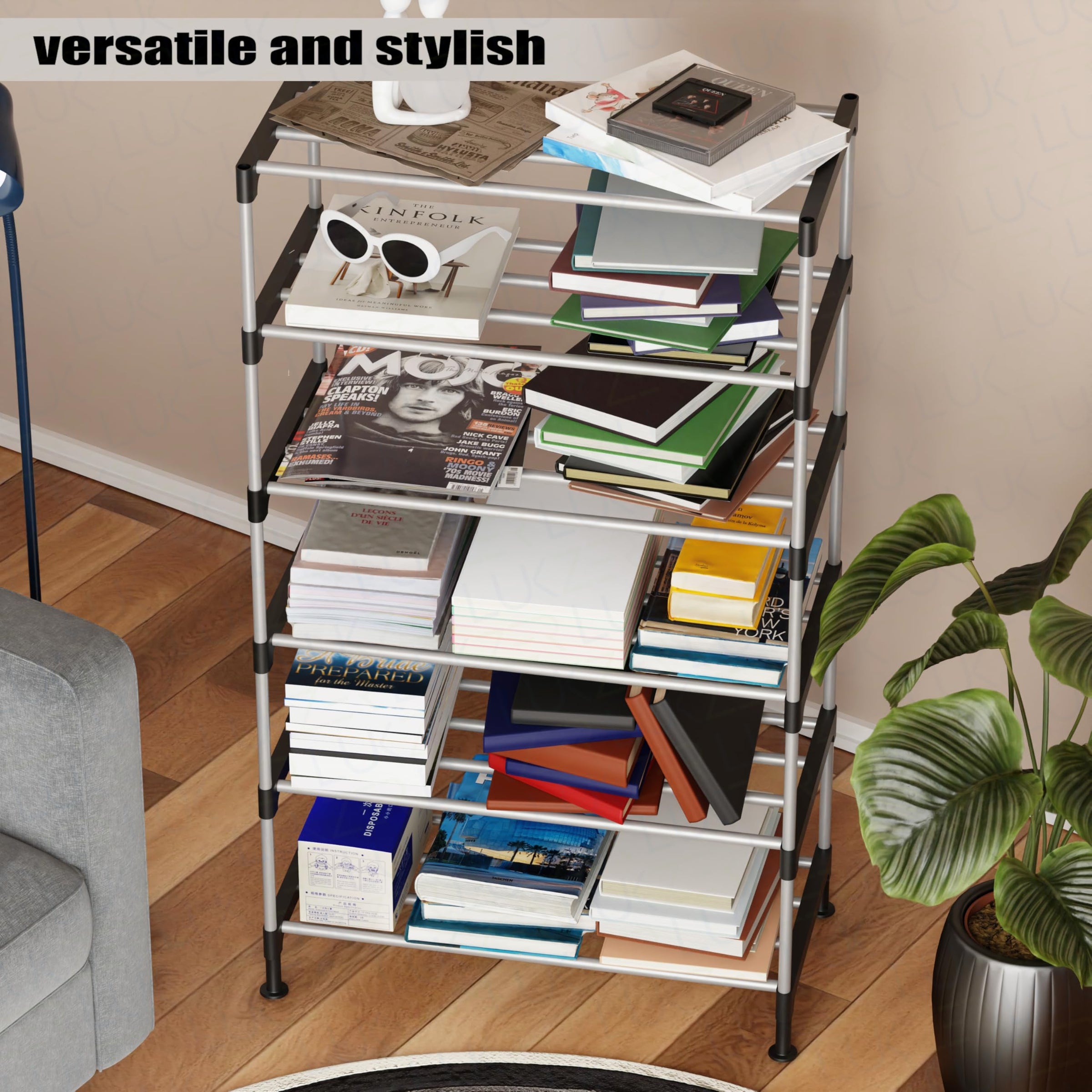 Lukzer Easy DIY Metal & Plastic Bookshelf/Storage Organizer – Black & Silver (3/4/5/6 Layers)