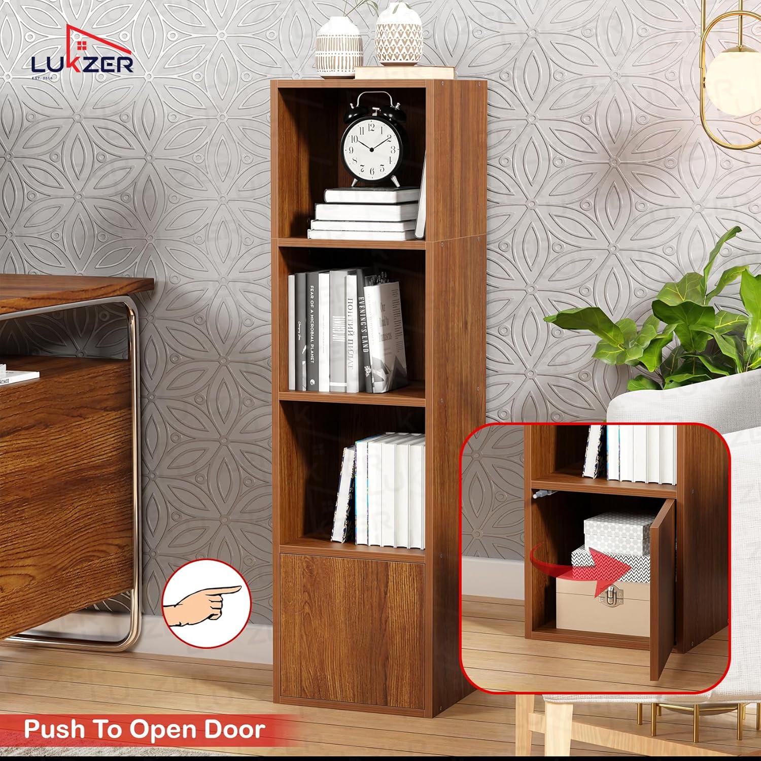 Lukzer 4 Layer Engineered Wood Storage Cabinet with Open Display Rack (MR-023/Oak Brown)