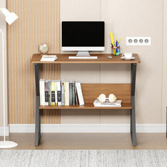 Lukzer Modern Engineered Wood Computer Desk with Bookshelf Oak Brown Top & Black Frame (MST-001)