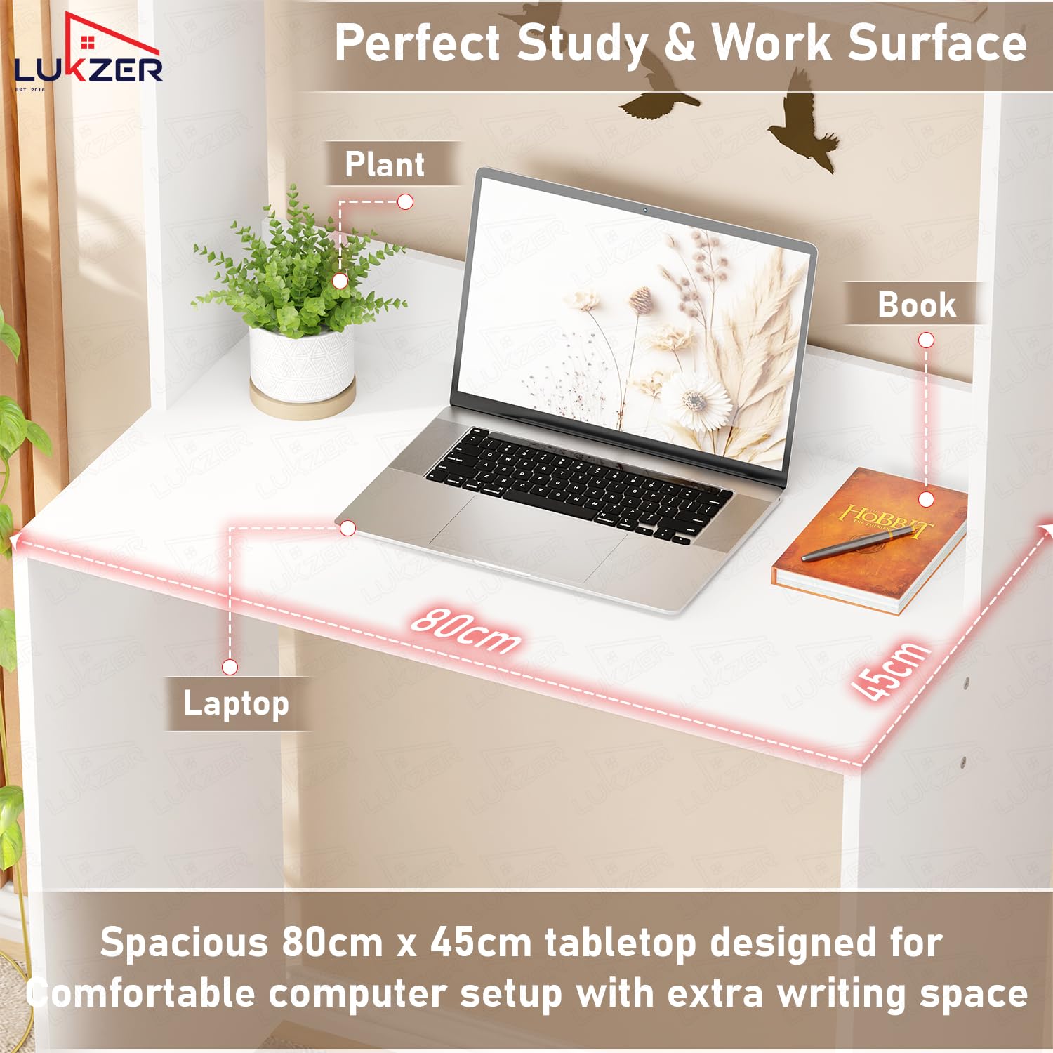 Lukzer Engineered Wood Computer Desk Study Table with Bookshelf Study Table (ST-006/White)