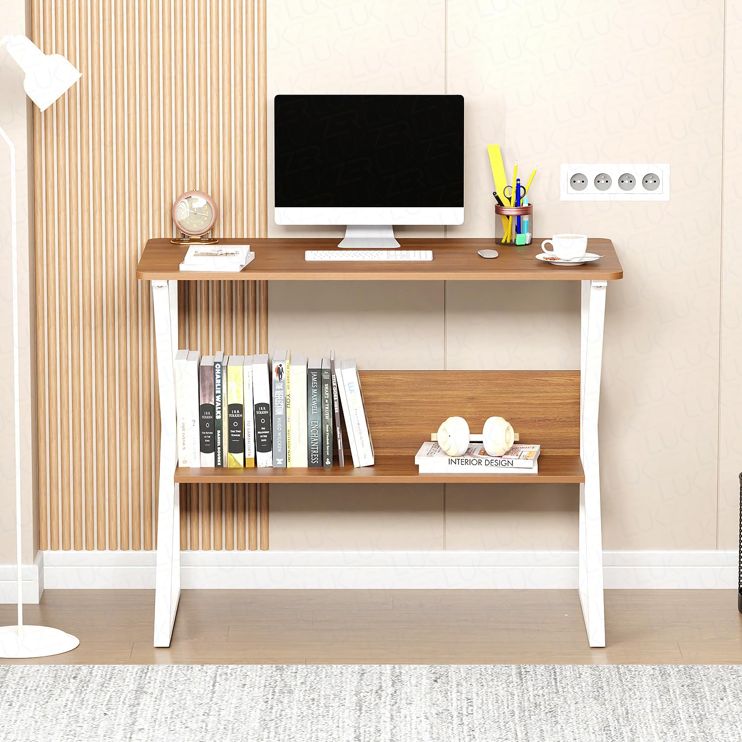 Lukzer Modern Engineered Wood Computer Desk with Bookshelf Oak Brown Top & White Frame (MST-001)