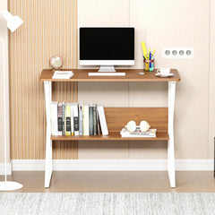Lukzer Modern Engineered Wood Computer Desk with Bookshelf Oak Brown Top & White Frame (MST-001)