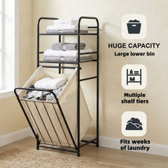 Lukzer Laundry Basket with 2-Tier Metal Storage Shelves & Detachable Fabric Hamper (Black)