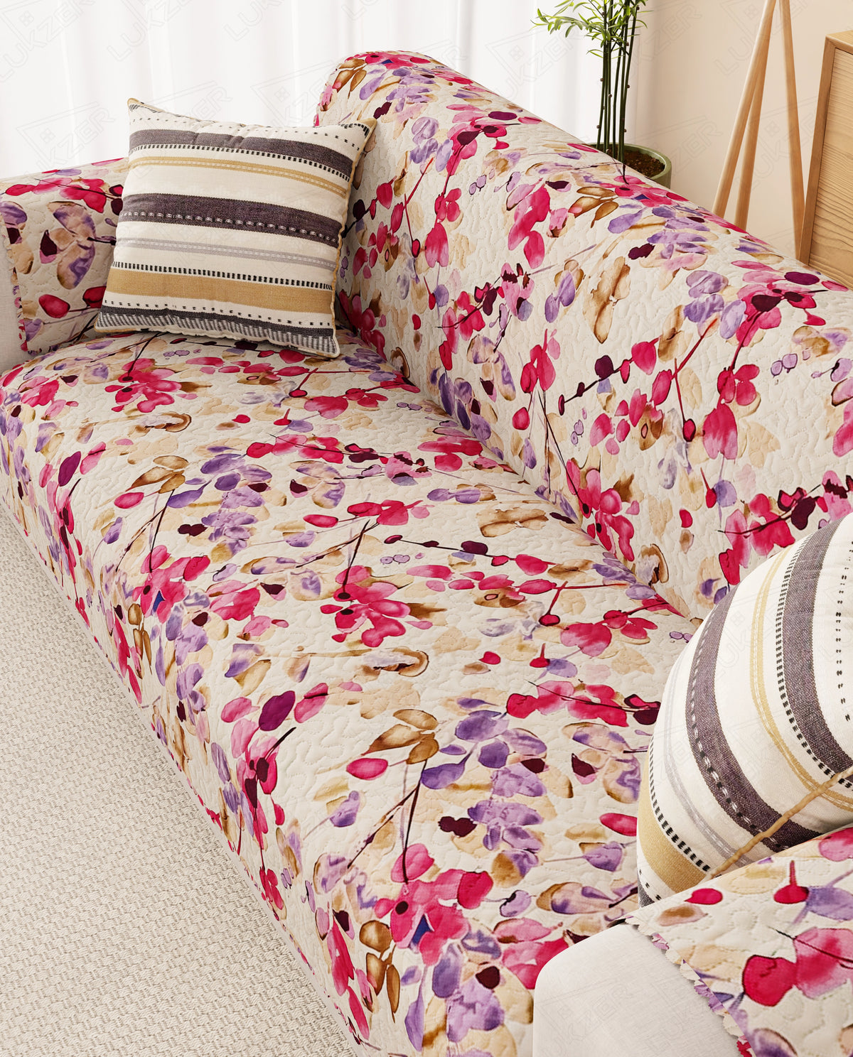 Lukzer Quilted Reversible Royal Petals Sofa Mat with WaveEdge Ultrasonic Cut (WITH BACK & HAND REST) - SC-219-01WB