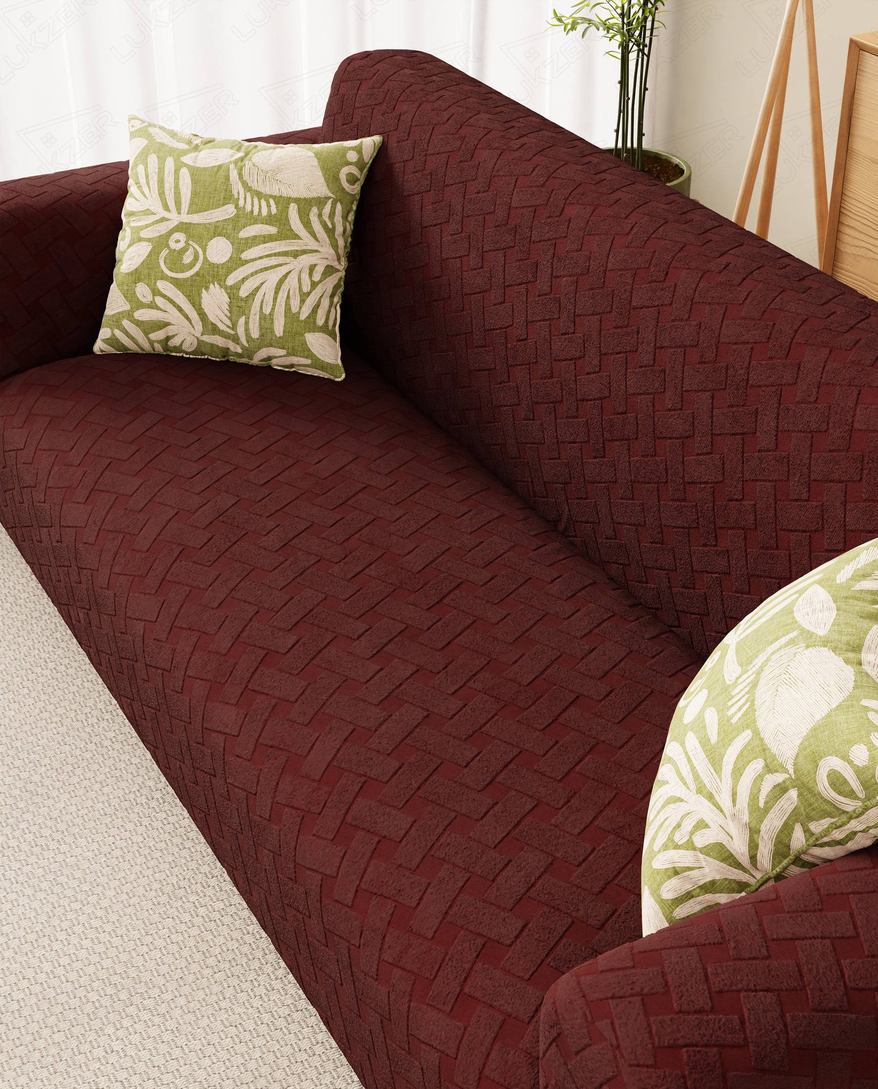 Lukzer Pastel Shades Textured Sofa Cover -  Deep Maroon Basket Weave (SC-116-01)