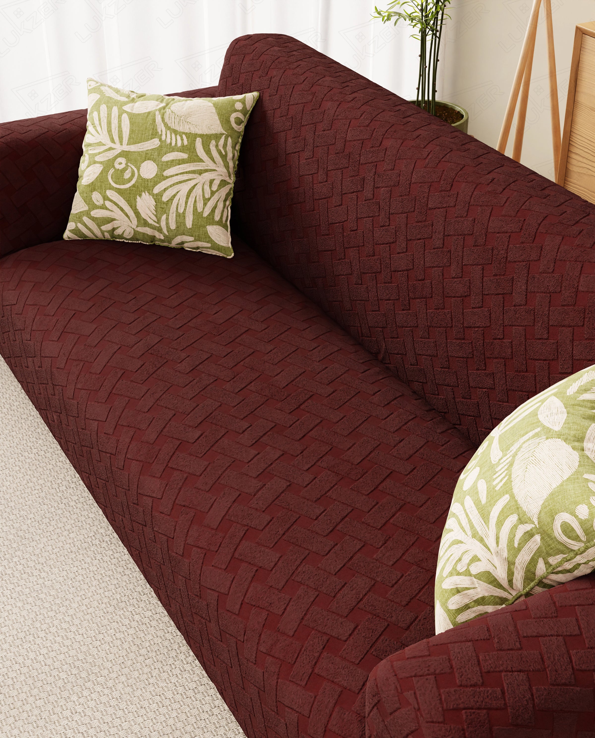 Lukzer Pastel Shades Textured Sofa Cover -  Deep Maroon Basket Weave (SC-116-01)