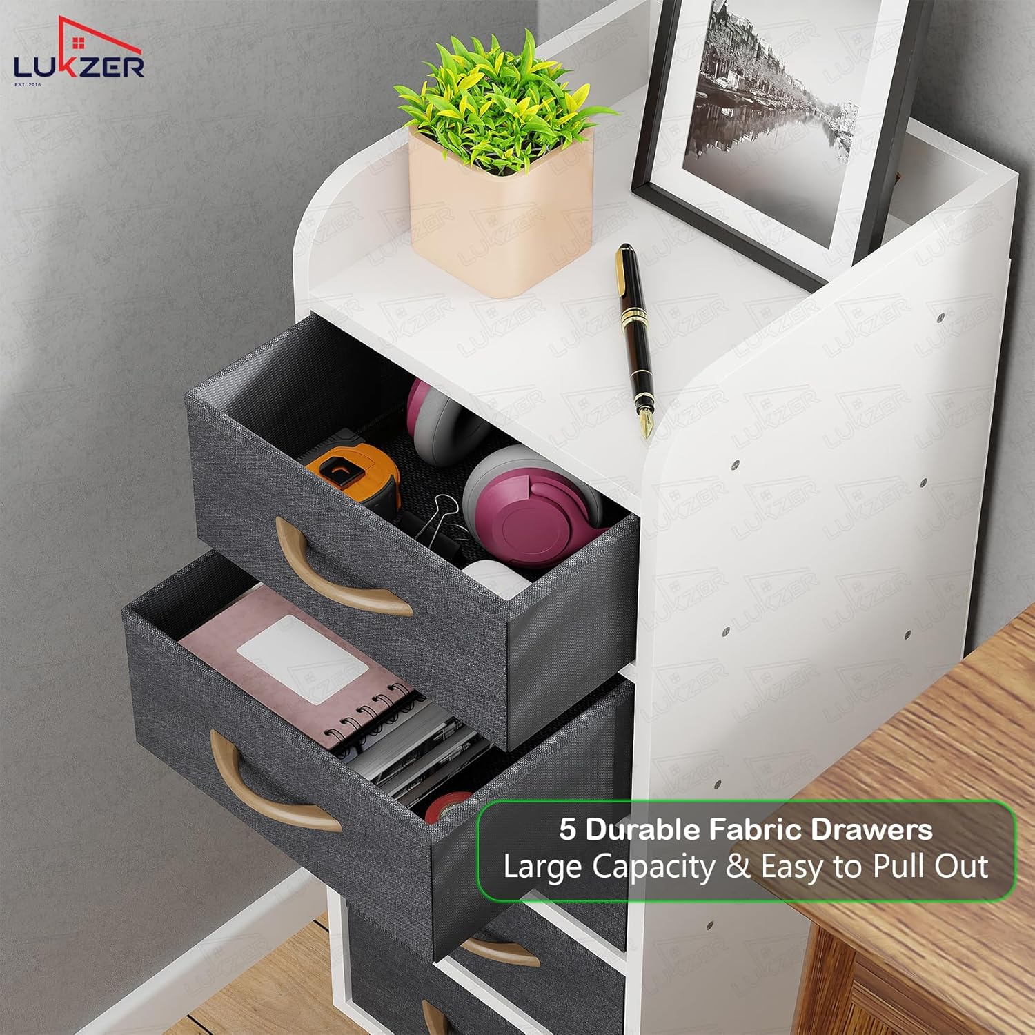 Lukzer 5-Drawer Engineered Wood Storage Cabinet with Fabric Bins & Wheels (MR-027/White)