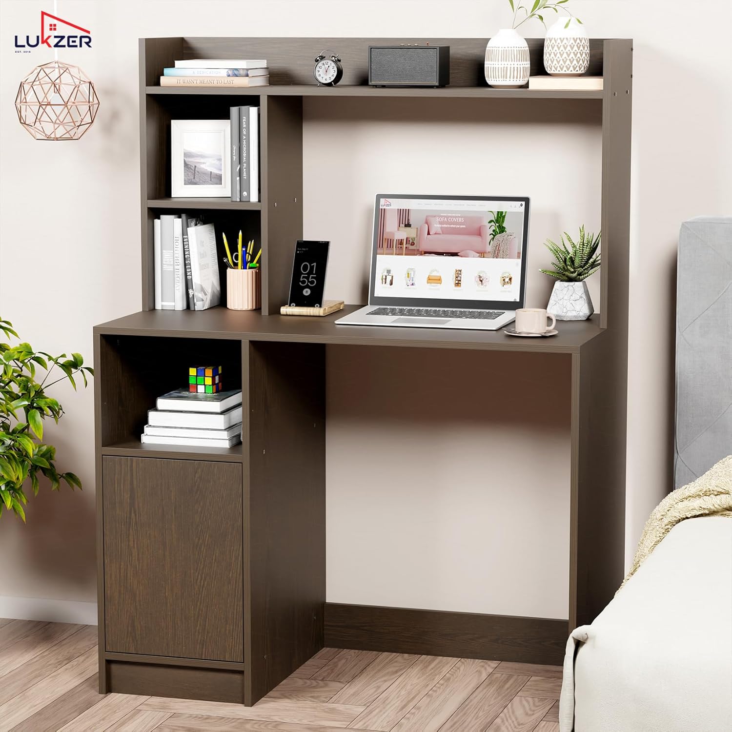 Lukzer Engineered Wood Office Desk & Study Table with Bookshelf & Cabinet (ST-009/Wenge)