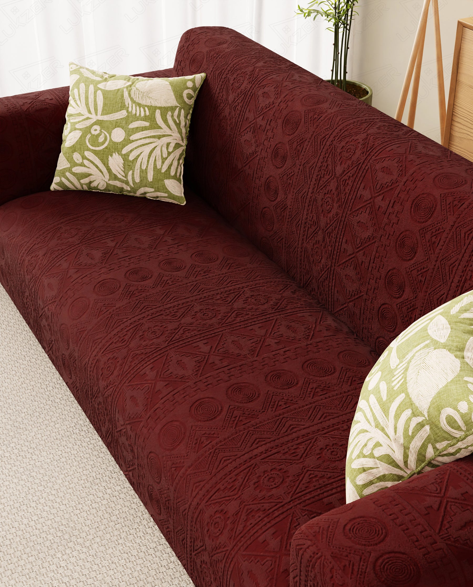 Lukzer Pastel Shades Textured Sofa Cover - Deep Maroon Tribal Design (SC-135-01)