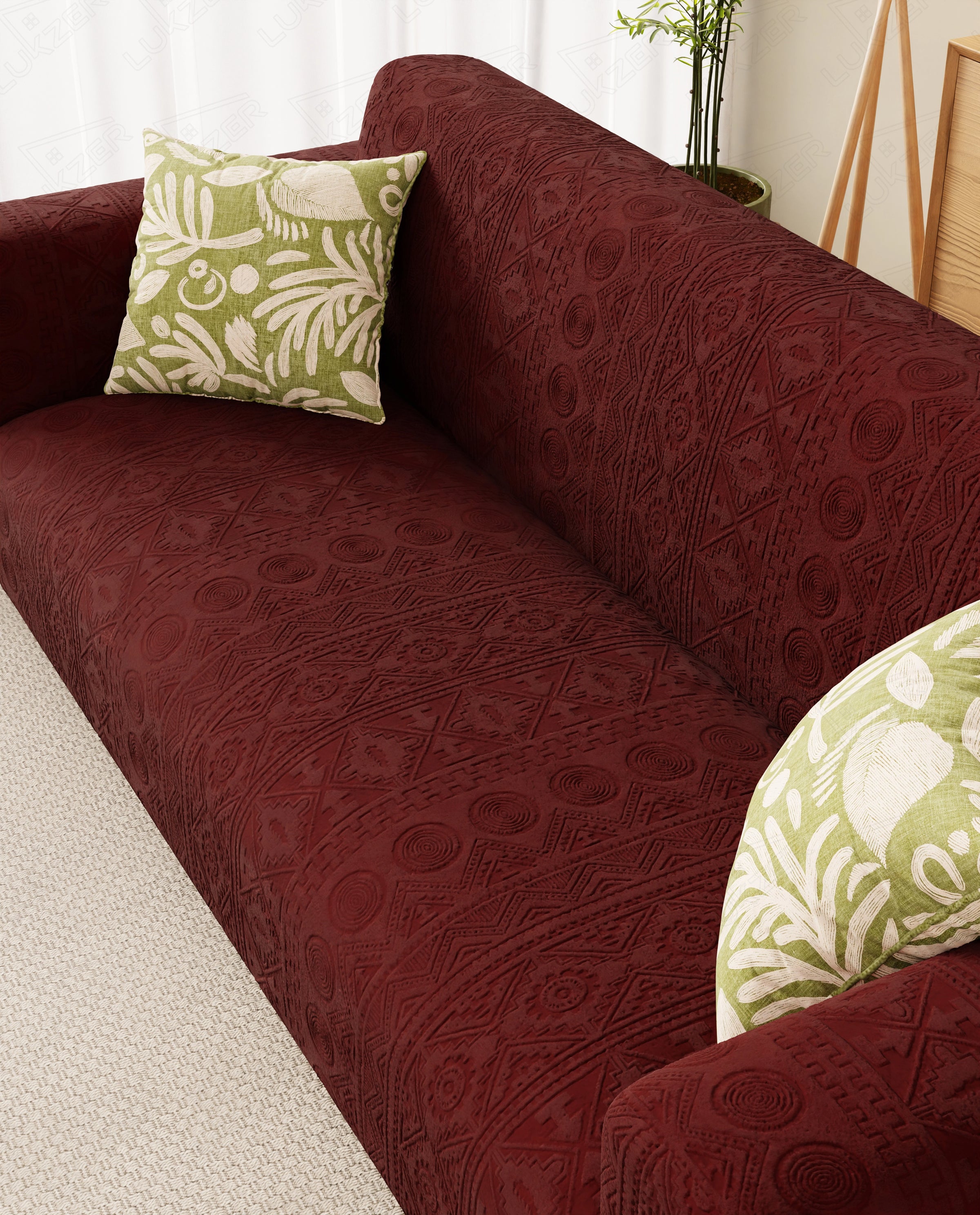 Lukzer Pastel Shades Textured Sofa Cover - Deep Maroon Tribal Design (SC-135-01)