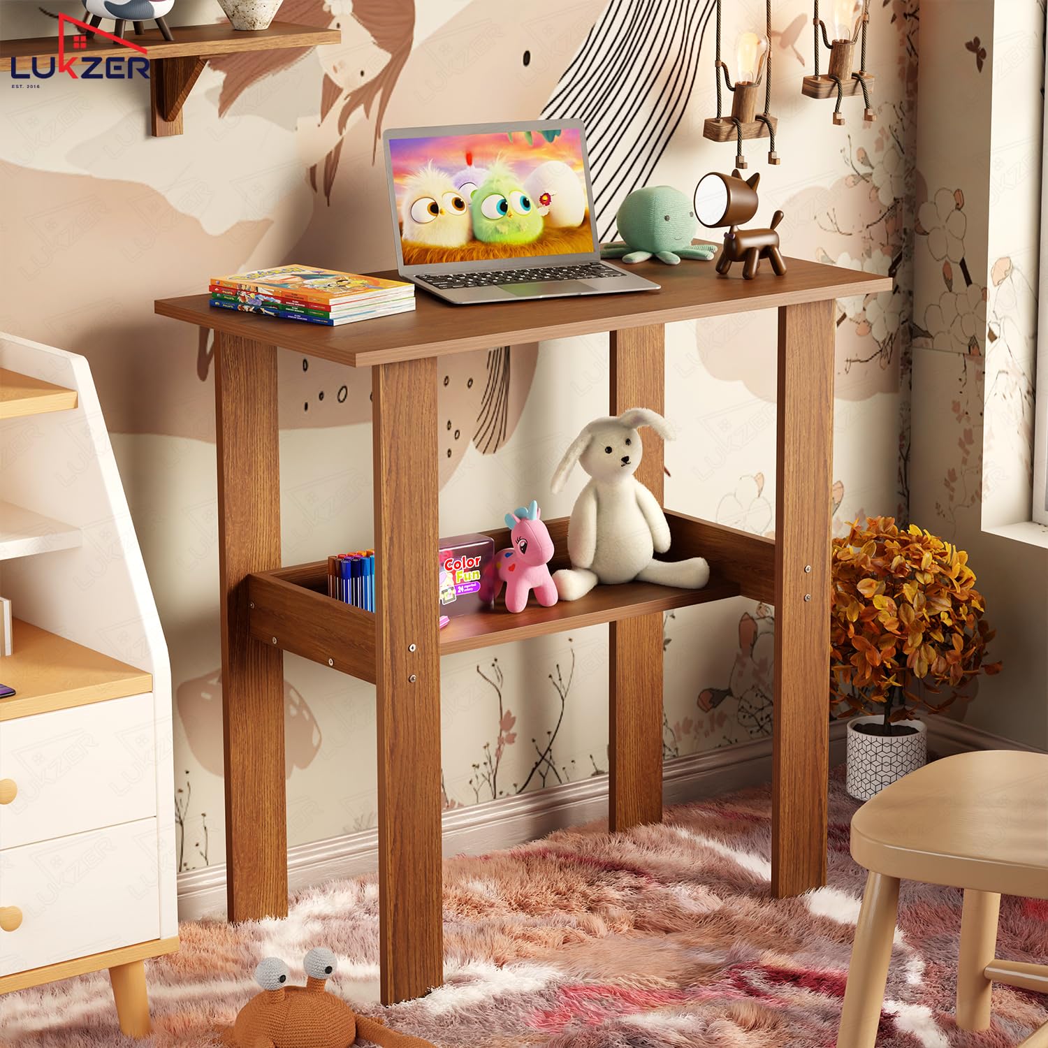 Lukzer Engineered Wood Kids Study Table with Open Shelf (ST-004S/Oak Brown)
