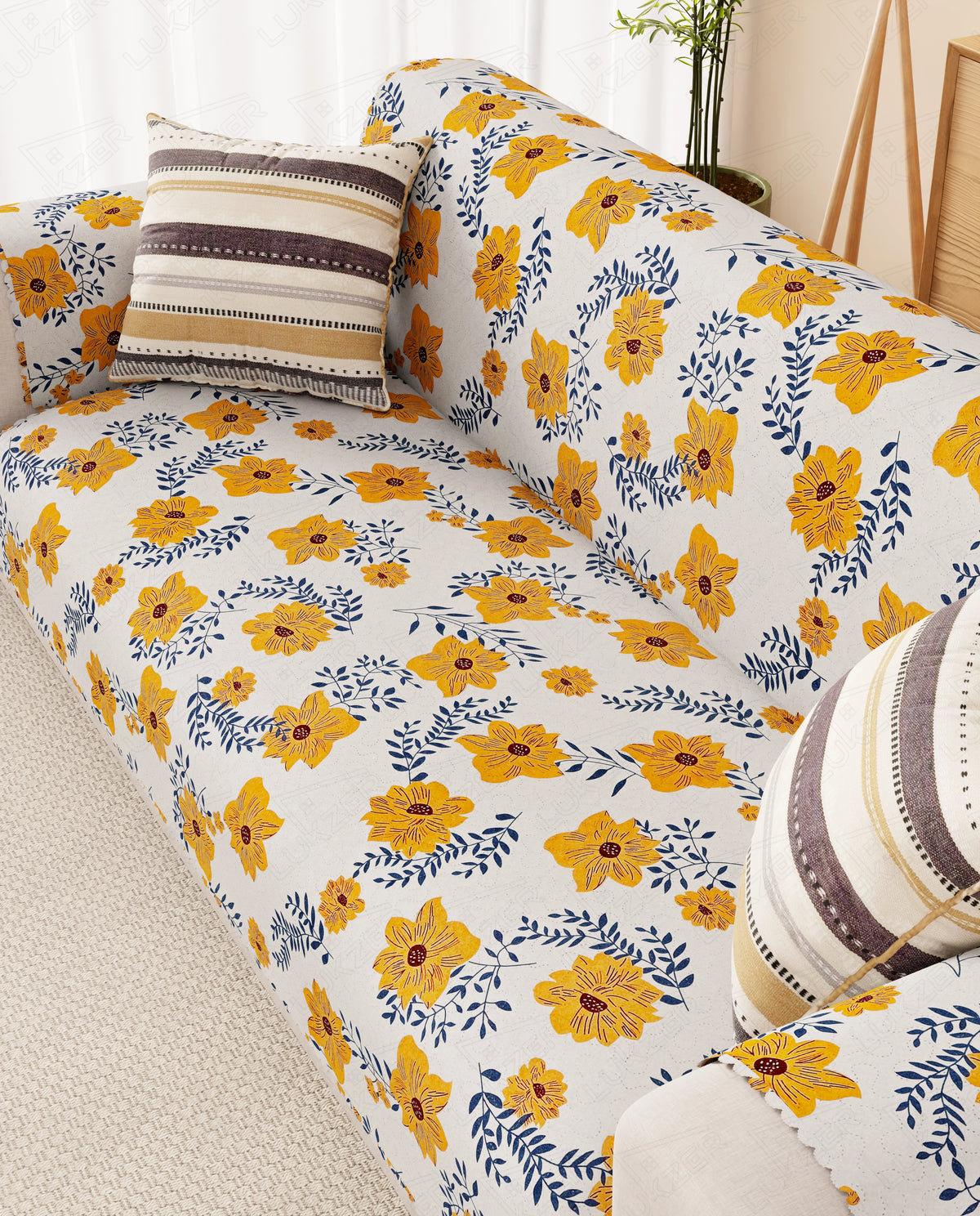 Lukzer Quilted Reversible Brick Bloom Sofa Mat with WaveEdge Ultrasonic Cut (WITH BACK & HAND REST) - SC-201-01WB