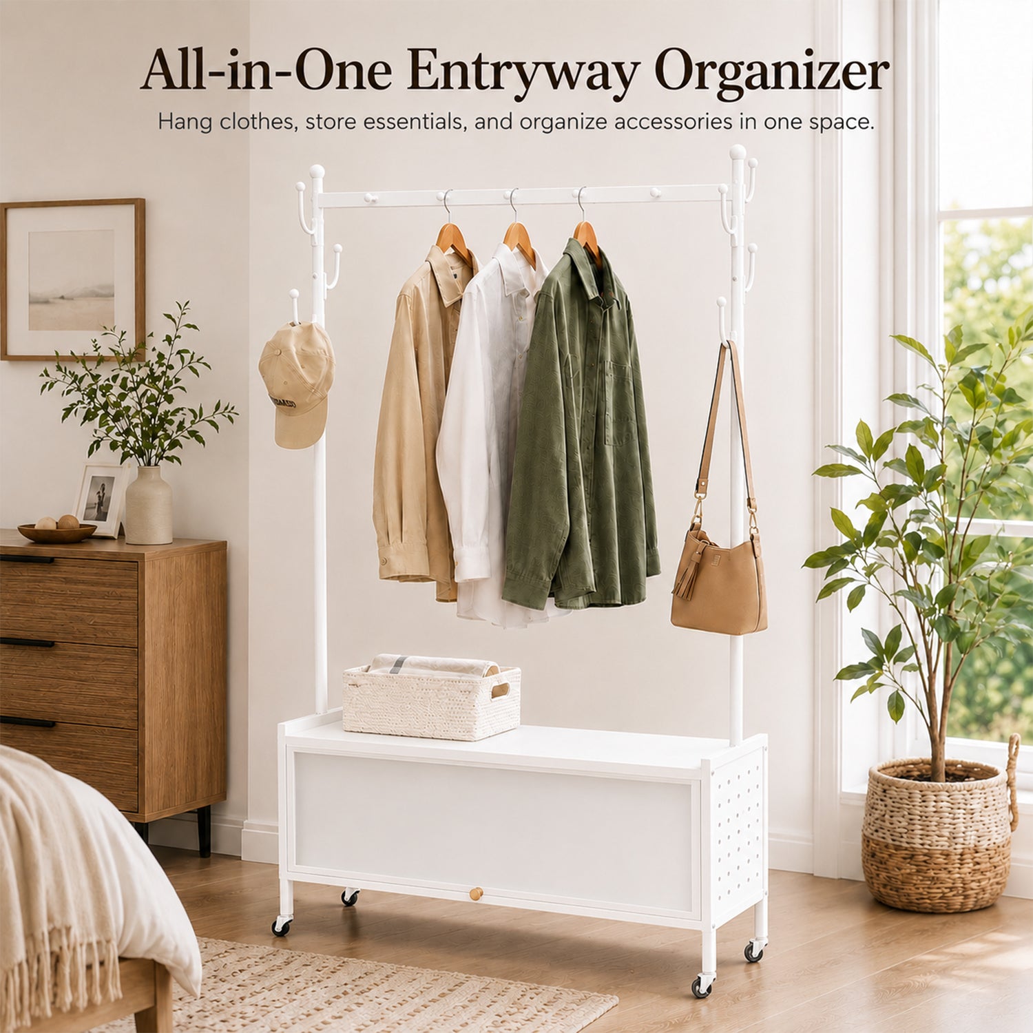 Lukzer Metal Garment Rack with Dust-Proof Storage Shelf & Multiple Hooks (White)