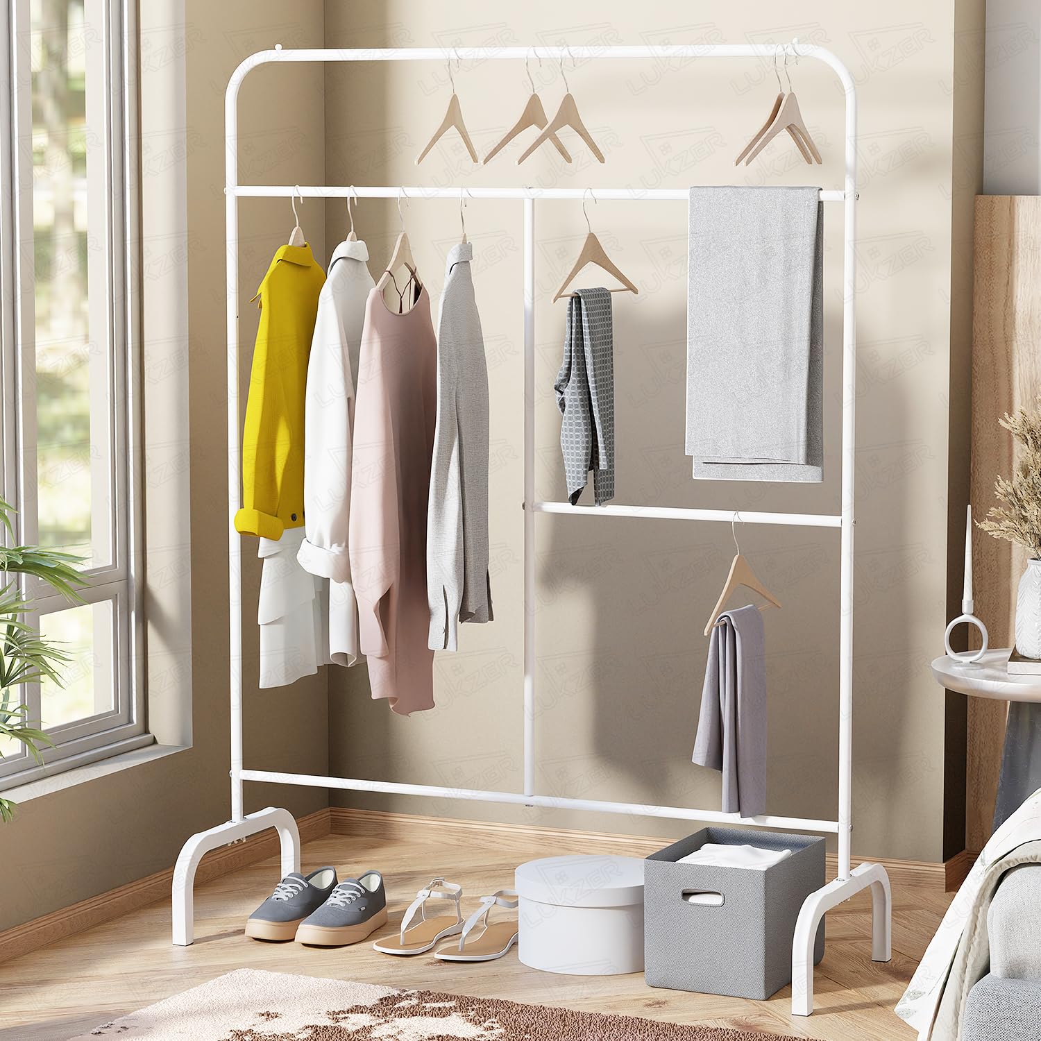 Lukzer Metal Garment Stand with Multi-Level Hanging Bars (MGS-005/White)