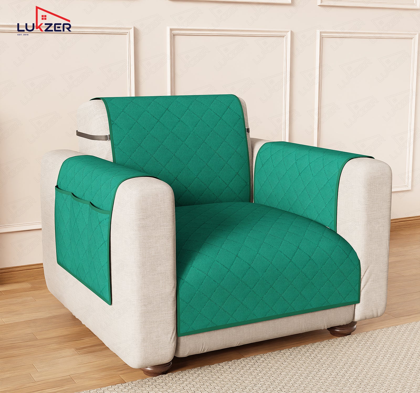 Lukzer Polyester Blend Quilted Sofa Cover Mat (350 GSM)| Full Coverage with Arms &amp; Back Belt | Machine Washable Sofa Runner with Storage Side Pocket