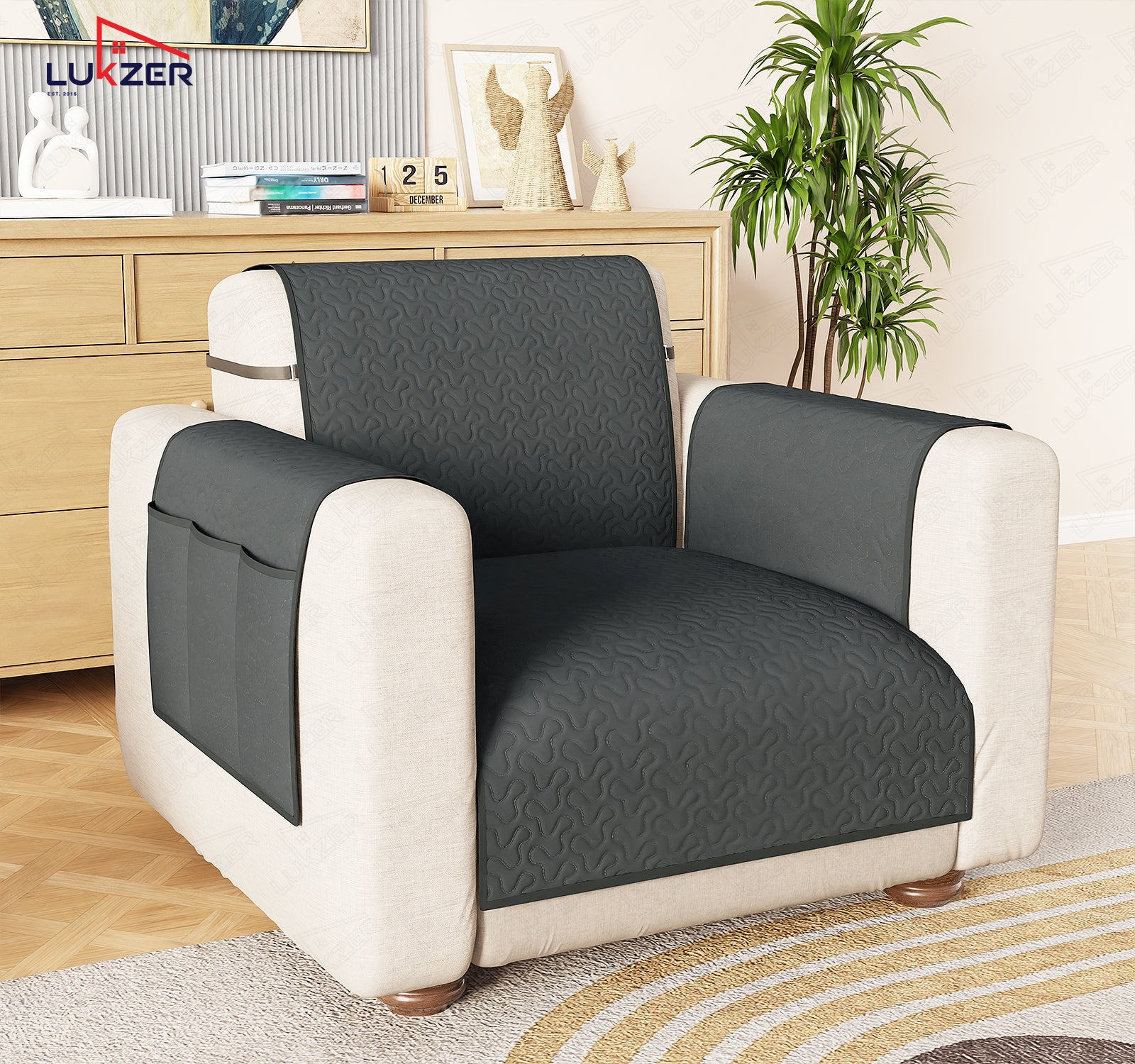 Lukzer Quilted Stipple Blue Sofa Cover Mat with Storage Side Pocket | 350 GSM Polyester Blend Full Coverage with Arms &amp; Back Belt | Machine Washable Sofa Runner.