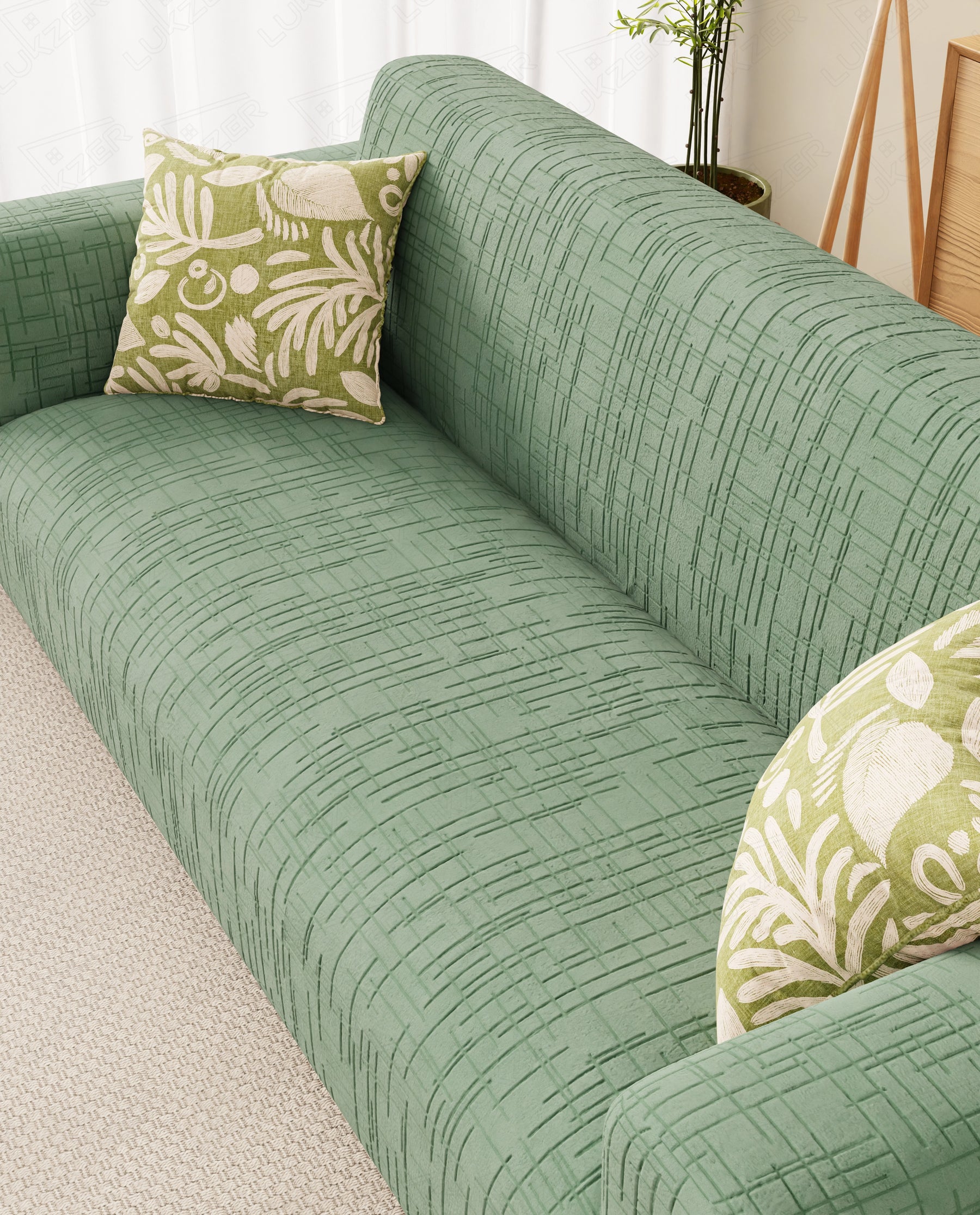 Lukzer Pastel Shades Textured Sofa Cover - Green Tangled Lines (SC-121-01)