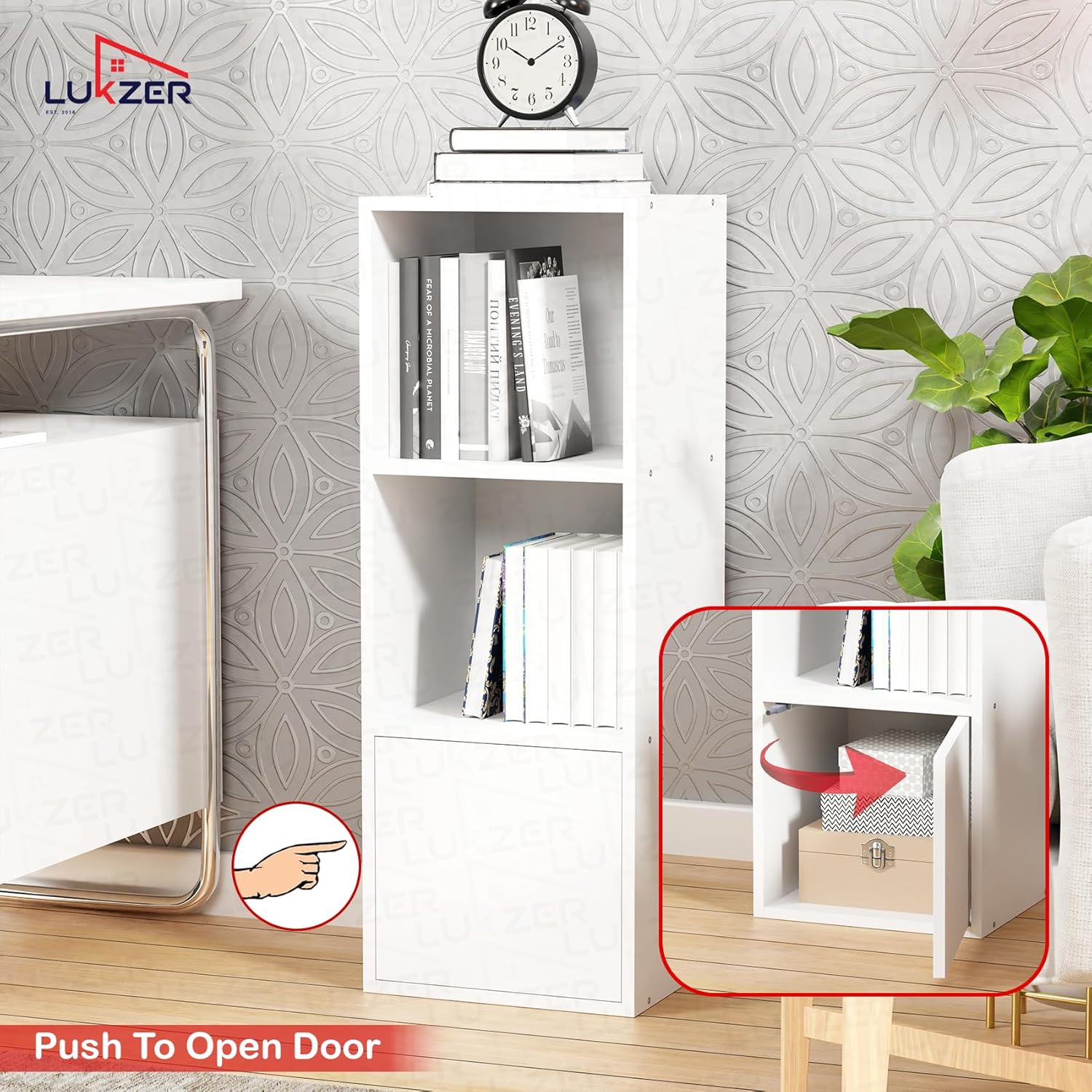 Lukzer 3 Layer Engineered Wood Storage Cabinet with Open Display Rack (MR-022/White)