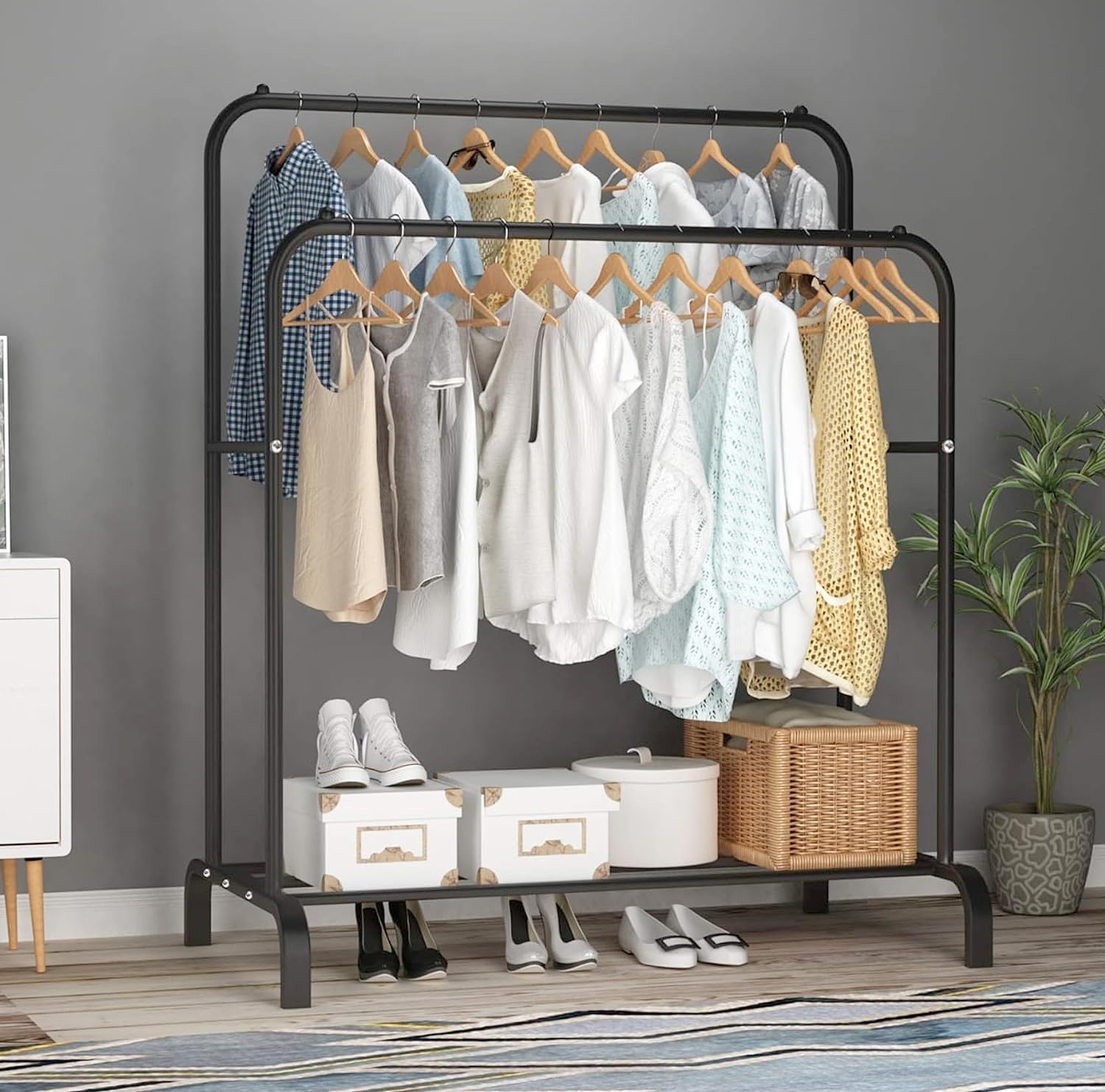 Lukzer Metal Cloth Stand with 2 Hanging Rods & Storage Shelf (MGS-002/Black)